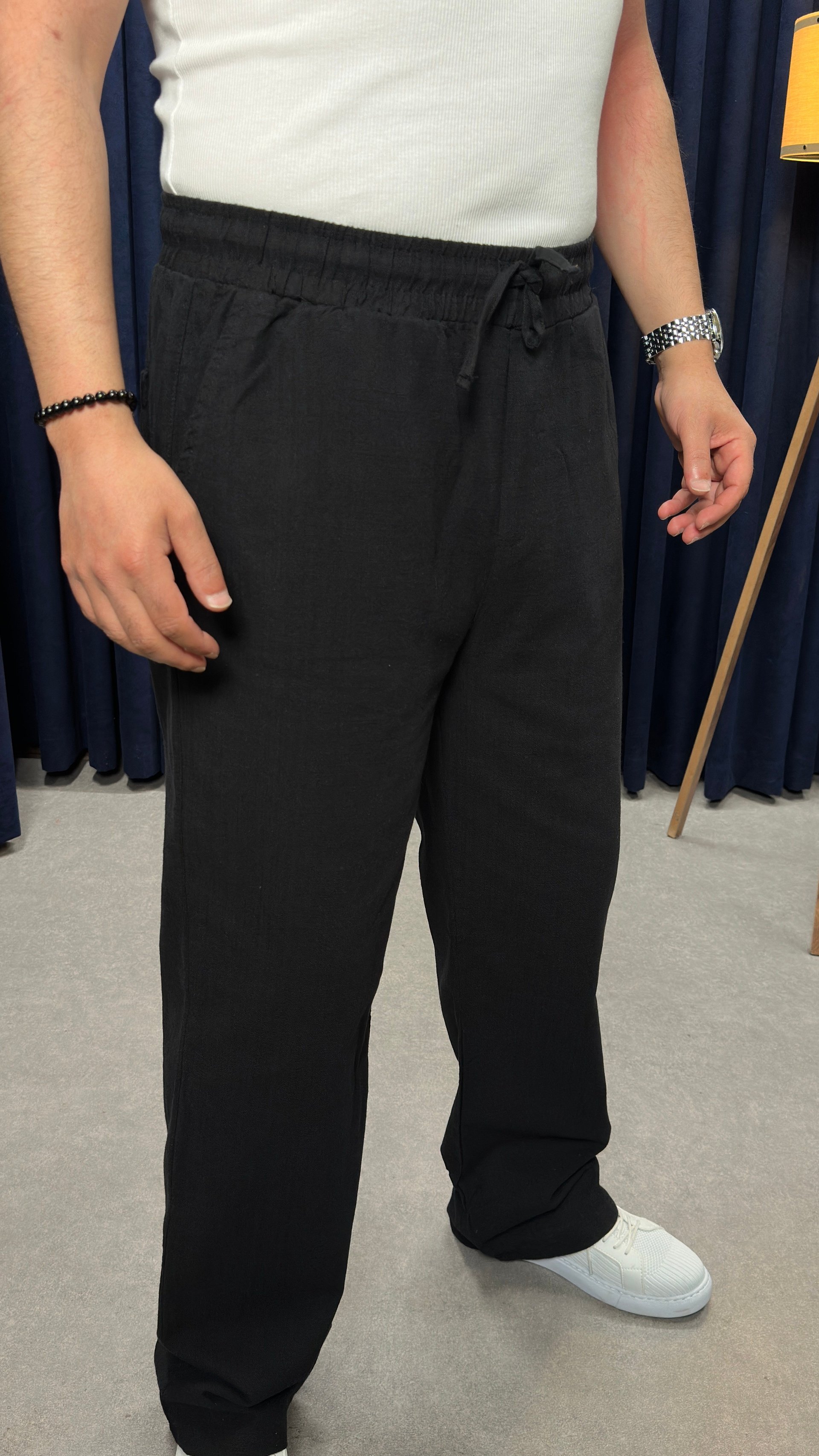 Keten Kumaş Baggy Pantolon Siyah