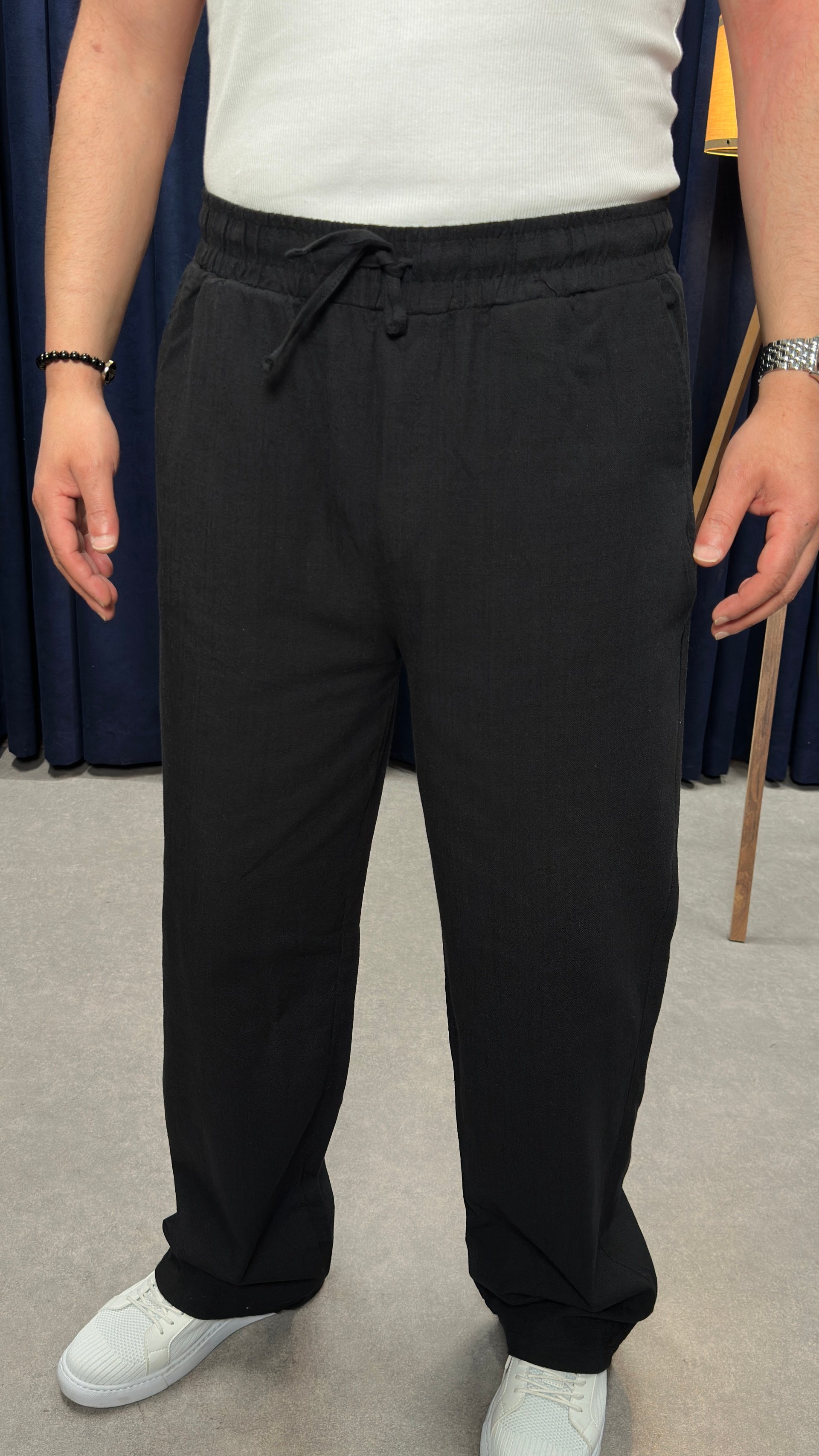 Keten Kumaş Baggy Pantolon Siyah