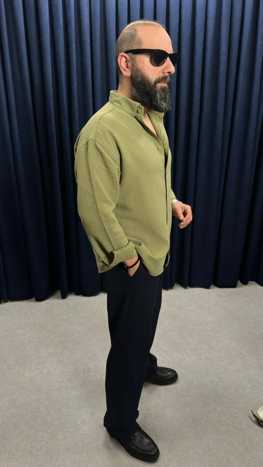 Müslin Kumaş Oversize Keten Gömlek Haki