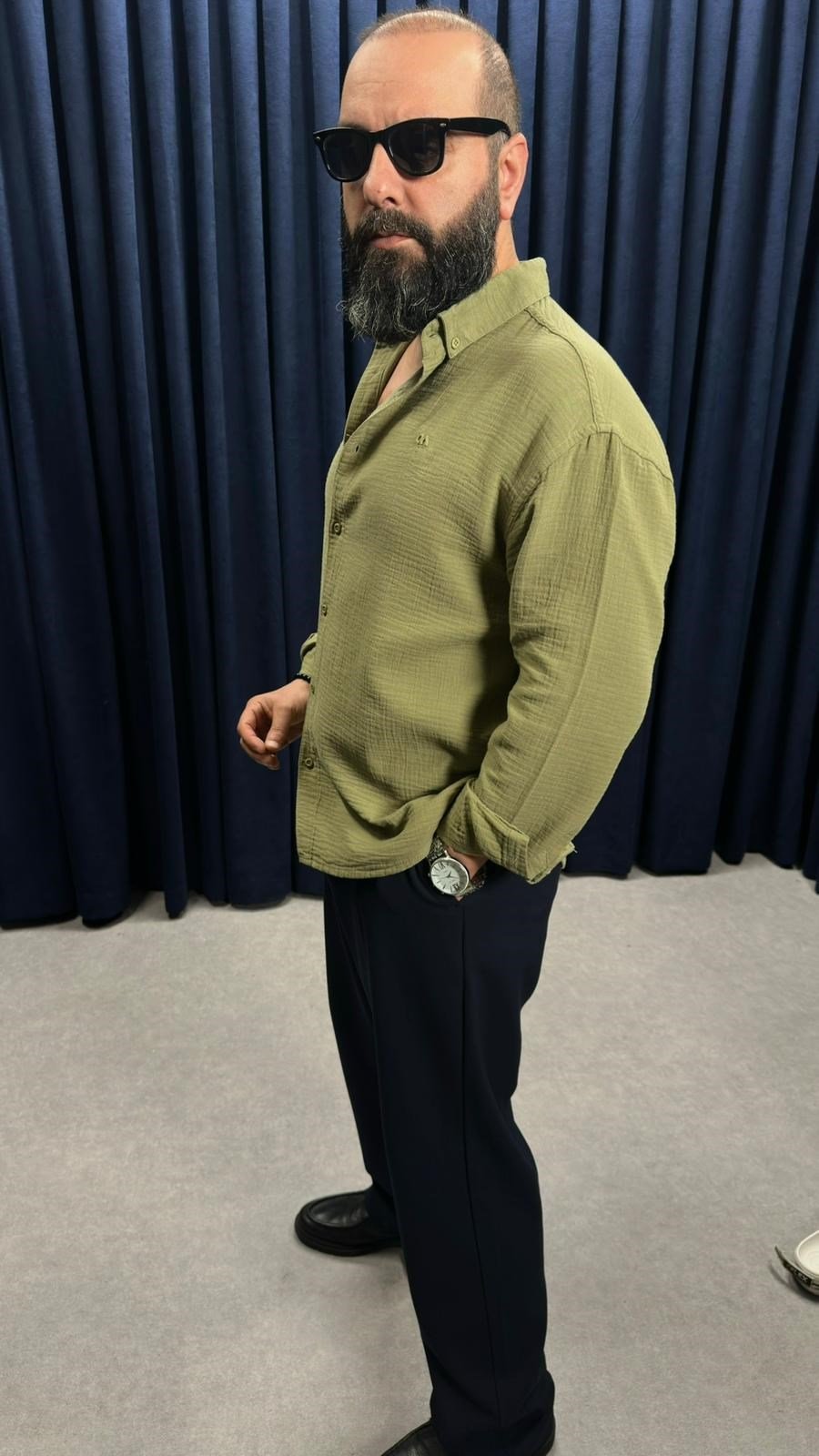 Müslin Kumaş Oversize Keten Gömlek Haki