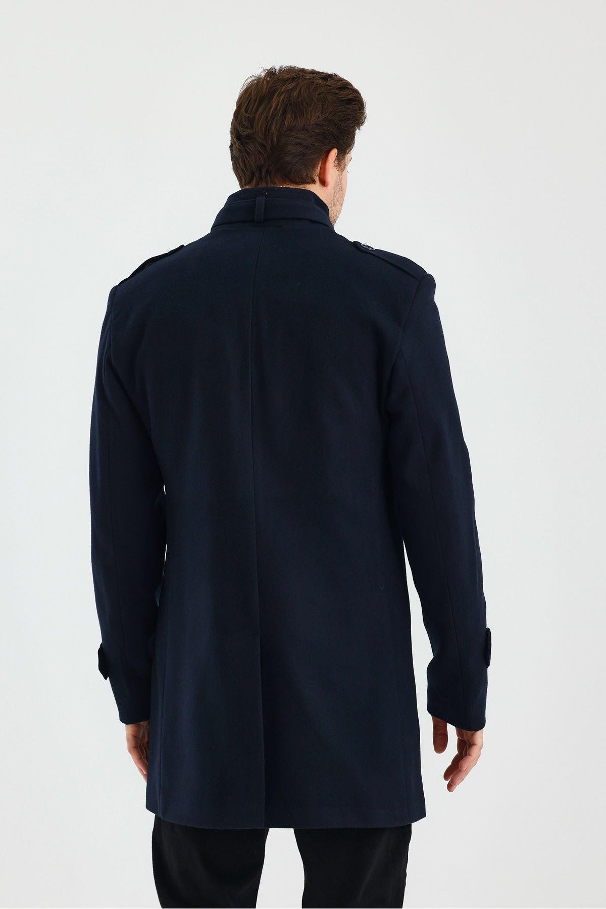 Erkek Slim Fit Lacivert Kaşe Kaban