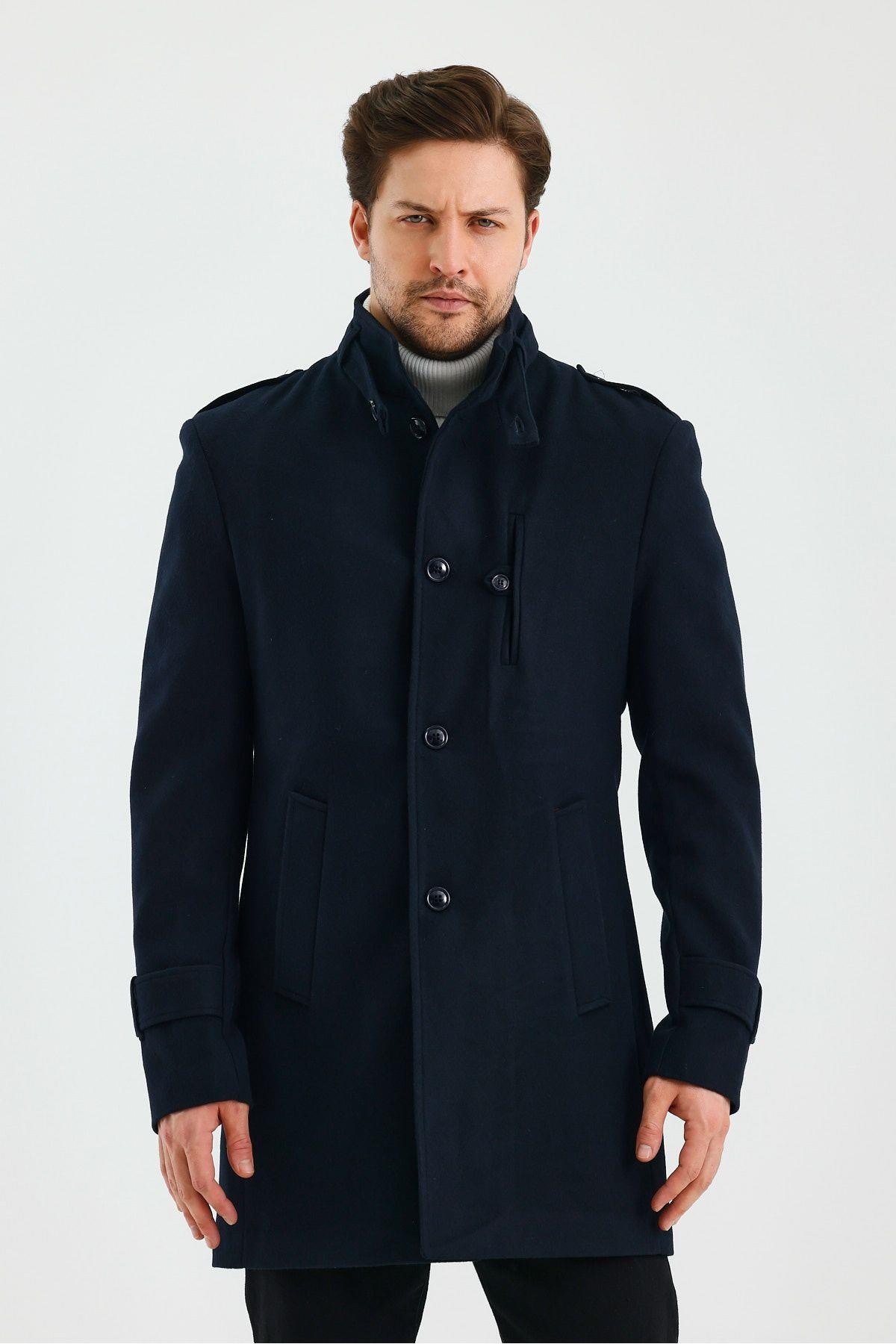 Erkek Slim Fit Lacivert Kaşe Kaban
