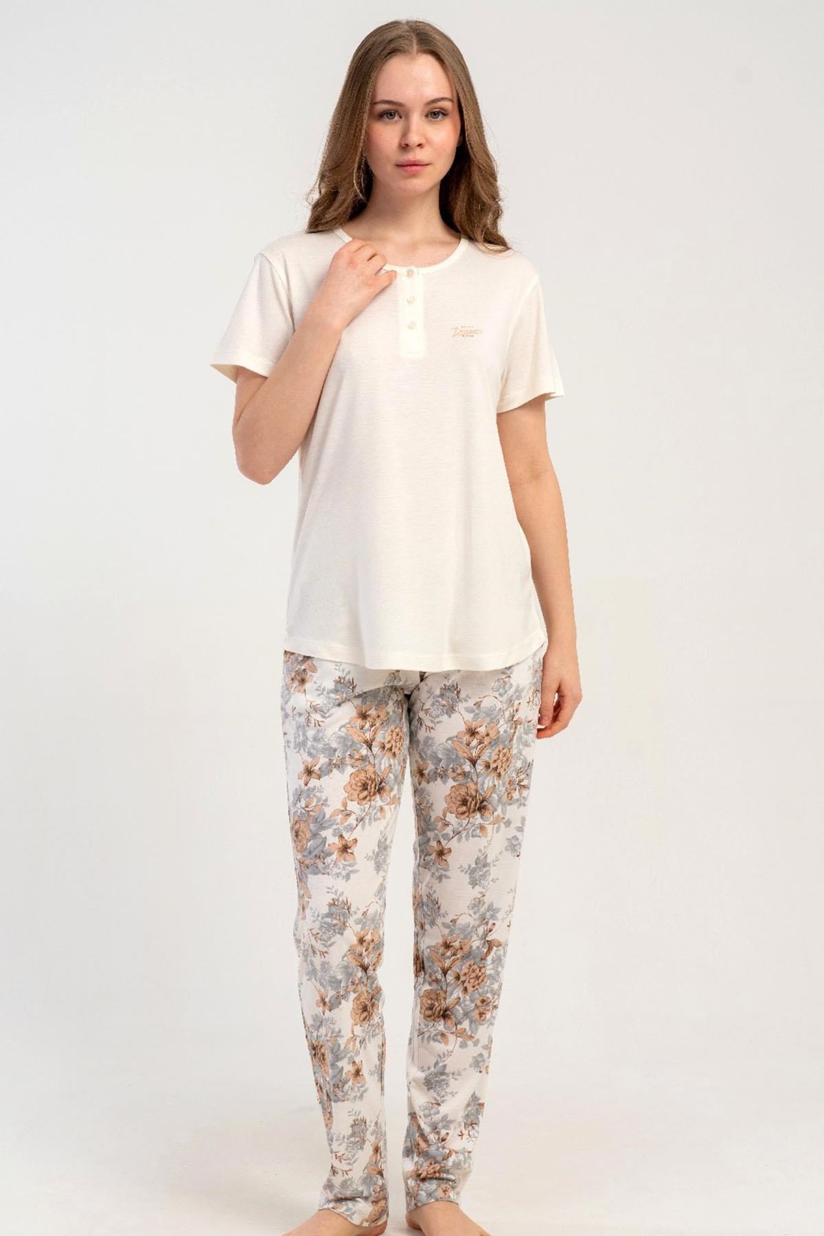 333177Kadın Kısa Kol Yarım Düğmeli Ekru Pijama Takımı C0T9N1215Kısa Kol / Askılı PijamakezokinoKadın Kısa Kol Yarım Düğmeli Ekru Pijama Takımı C0T9N1215