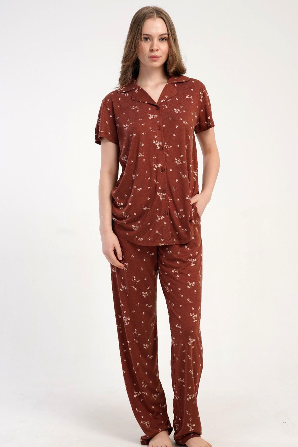 333180Kadın Önden Düğmeli Kısa Kol Kiremit Pijama Takımı C0T4N2215Kısa Kol / Askılı PijamakezokinoKadın Önden Düğmeli Kısa Kol Kiremit Pijama Takımı C0T4N2215