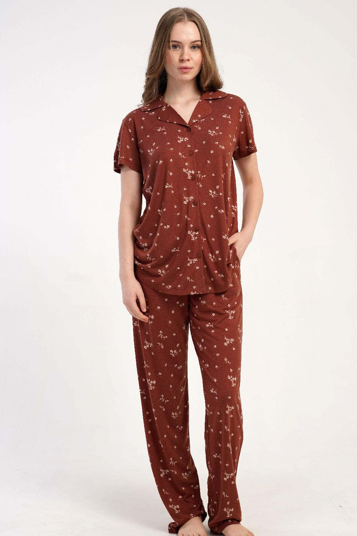 333180Kadın Önden Düğmeli Kısa Kol Kiremit Pijama Takımı C0T4N2215Kısa Kol / Askılı PijamakezokinoKadın Önden Düğmeli Kısa Kol Kiremit Pijama Takımı C0T4N2215