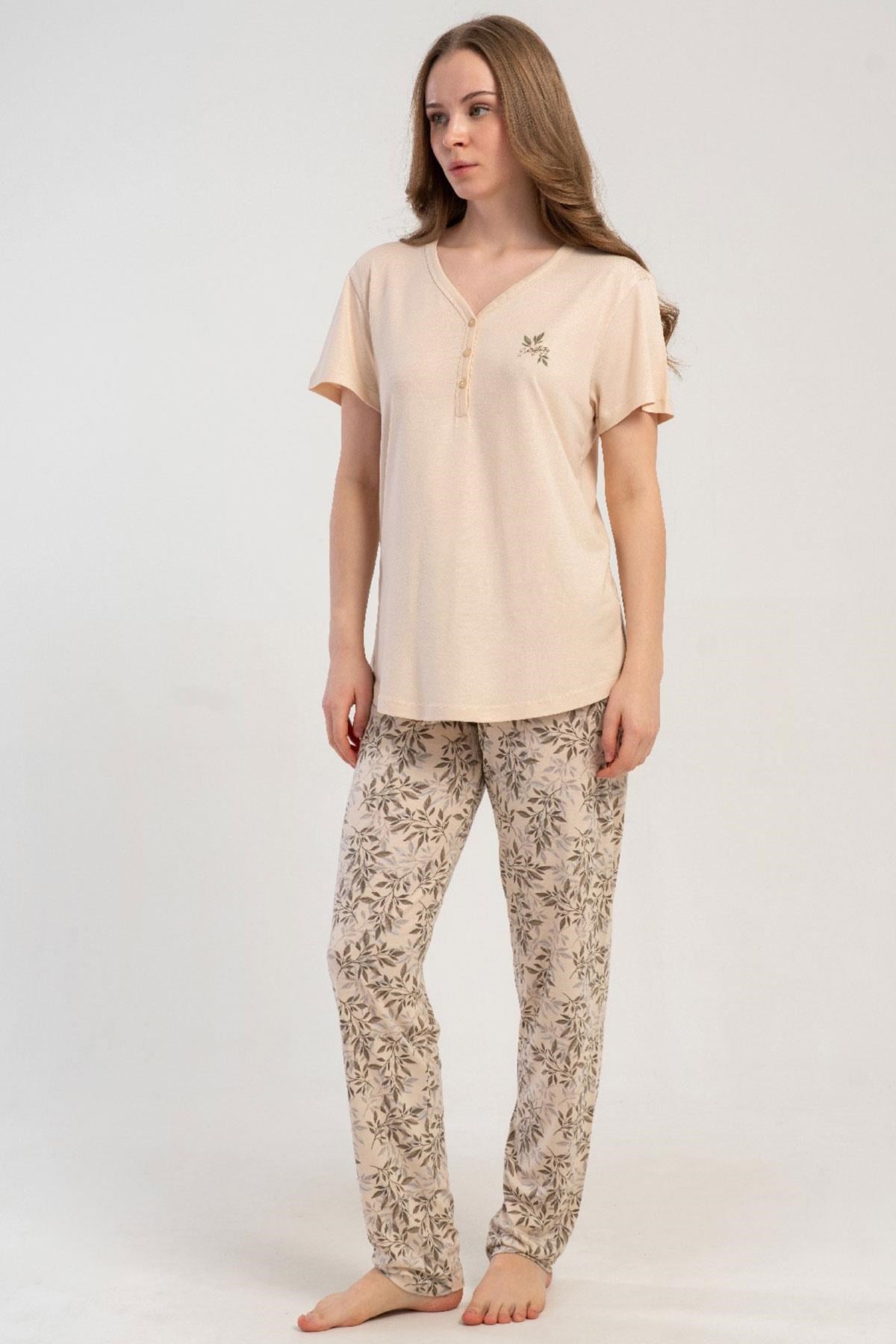333217Kadın Yarım Düğmeli Kısa Kollu Ekru Pijama Takımı C0T1N2215Kısa Kol / Askılı PijamakezokinoKadın Yarım Düğmeli Kısa Kollu Ekru Pijama Takımı C0T1N2215