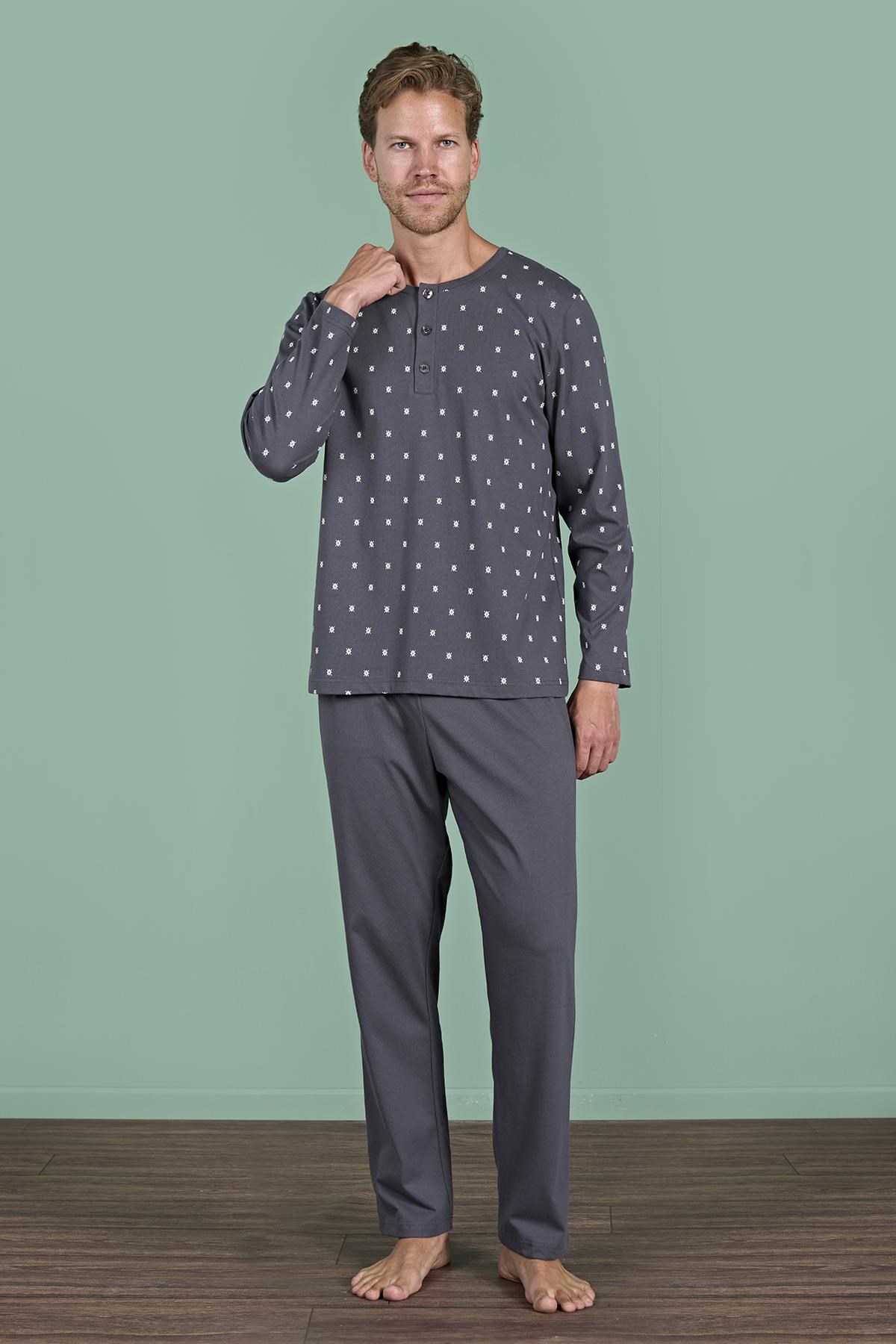 328890Erkek Füme Uzun Kollu Düğmeli Yaka Desenli Pijama Takımı C9T2N91Pijama TakımıPijadoreErkek Füme Uzun Kollu Düğmeli Yaka Desenli Pijama Takımı C9T2N91