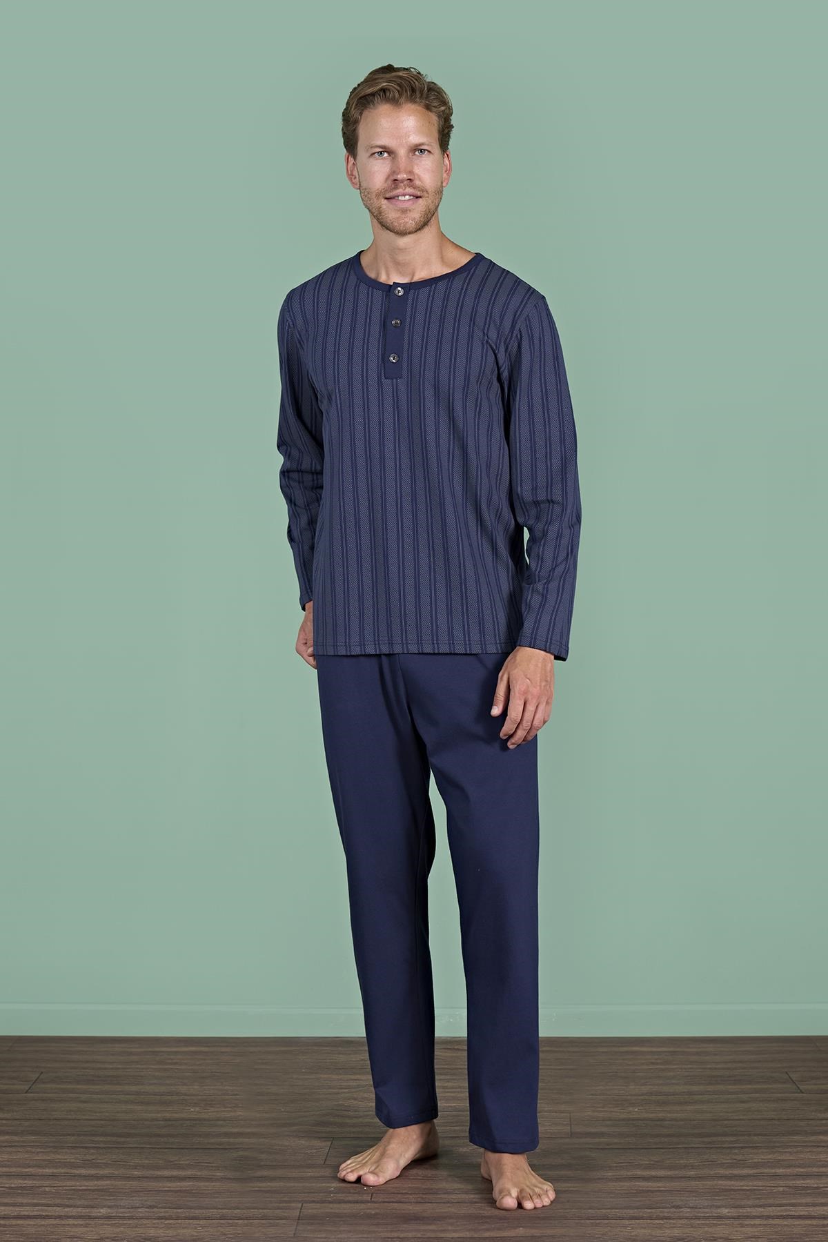328916Erkek Lacivert Düğmeli Çizgili Desen Uzun Kollu Pijama Takımı C9T4N91Pijama TakımıPijadoreErkek Lacivert Düğmeli Çizgili Desen Uzun Kollu Pijama Takımı C9T4N91