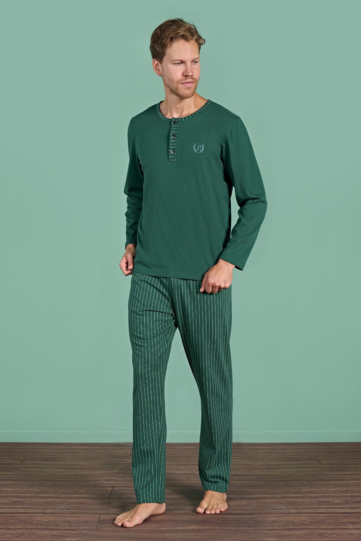 328893Erkek Yeşil Uzun Kollu Şerit Detaylı Düğmeli Yaka Pijama Takımı C1T3N91Pijama TakımıPijadoreErkek Yeşil Uzun Kollu Şerit Detaylı Düğmeli Yaka Pijama Takımı C1T3N91