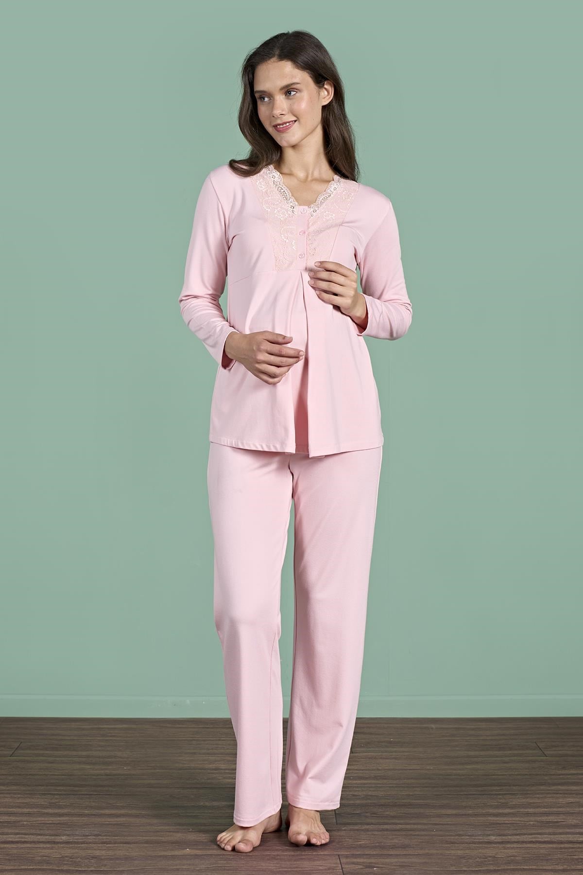 328911Kadın Pembe Renk Dantel Yaka Uzun Kollu Lohusa Pijama Takım C4T4N91Pijama TakımıPijadoreKadın Pembe Renk Dantel Yaka Uzun Kollu Lohusa Pijama Takım C4T4N91