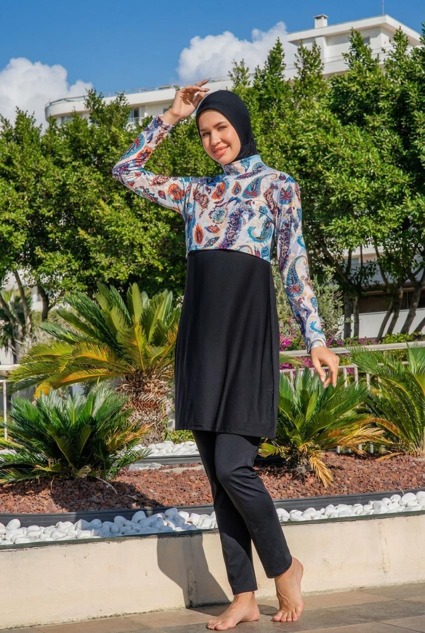 333228Kadın Uzun Kol Croplu Likralı Desenli Siyah Tesettür Mayo C0T0N362-2Tesettür MayoRuko MaioKadın Uzun Kol Croplu Likralı Desenli Siyah Tesettür Mayo C0T0N362-2