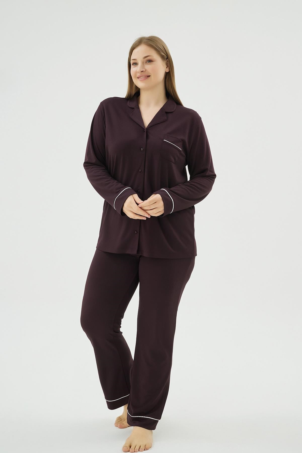329048Kadın Büyük Beden Koyu Mor Düğmeli Uzun Kollu Gömlek Yaka Pijama Takımı C4T3N171Büyük BedenSevimKadın Büyük Beden Koyu Mor Düğmeli Uzun Kollu Gömlek Yaka Pijama Takımı C4T3N171