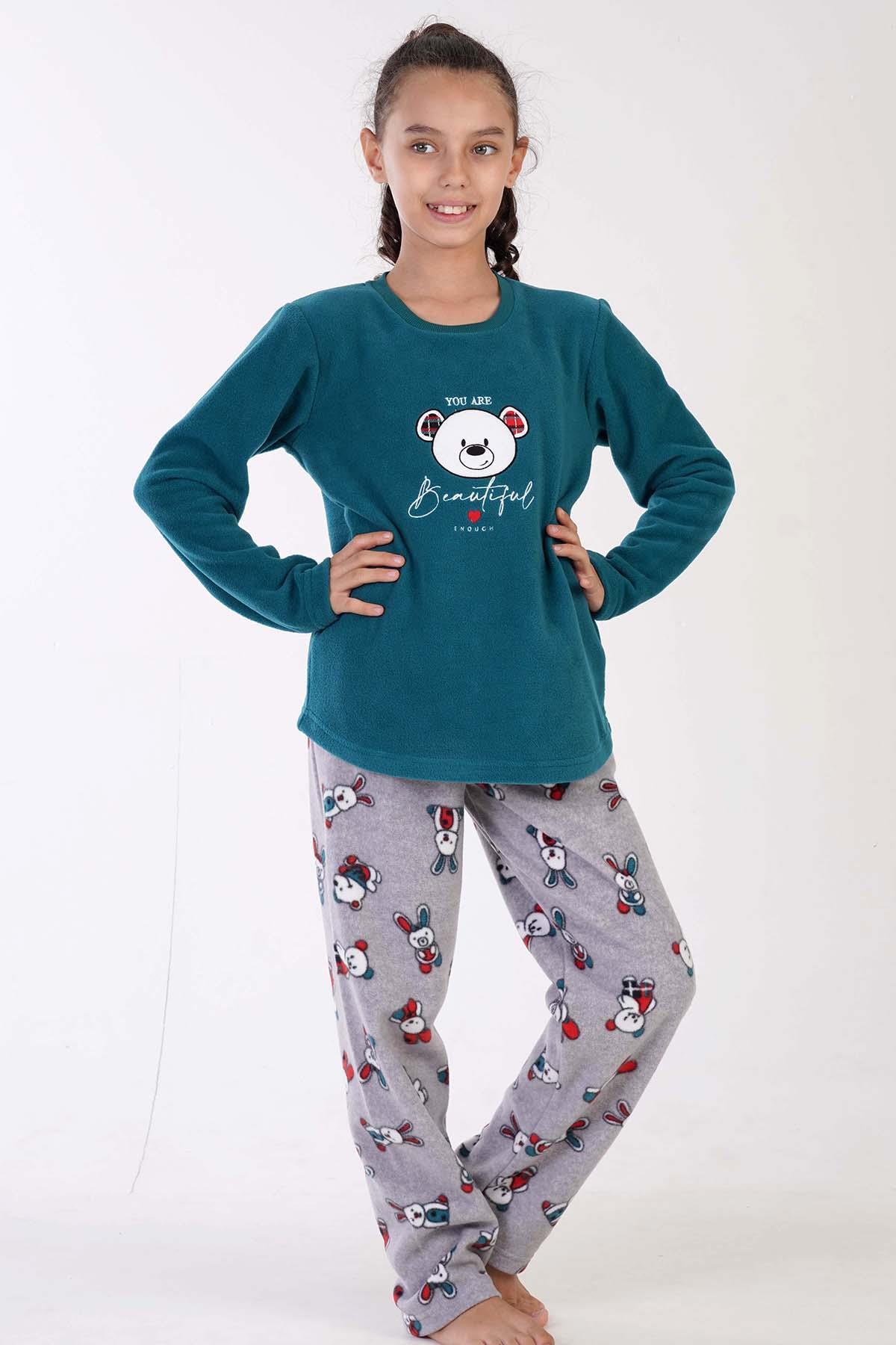 330107Kız Çocuk Yumuşak Polar Yeşil Pijama Takımı – Uzun Kollu, Desenli Model C4T0N0503PijamaVienettaKız Çocuk Yumuşak Polar Yeşil Pijama Takımı – Uzun Kollu, Desenli Model C4T0N0503