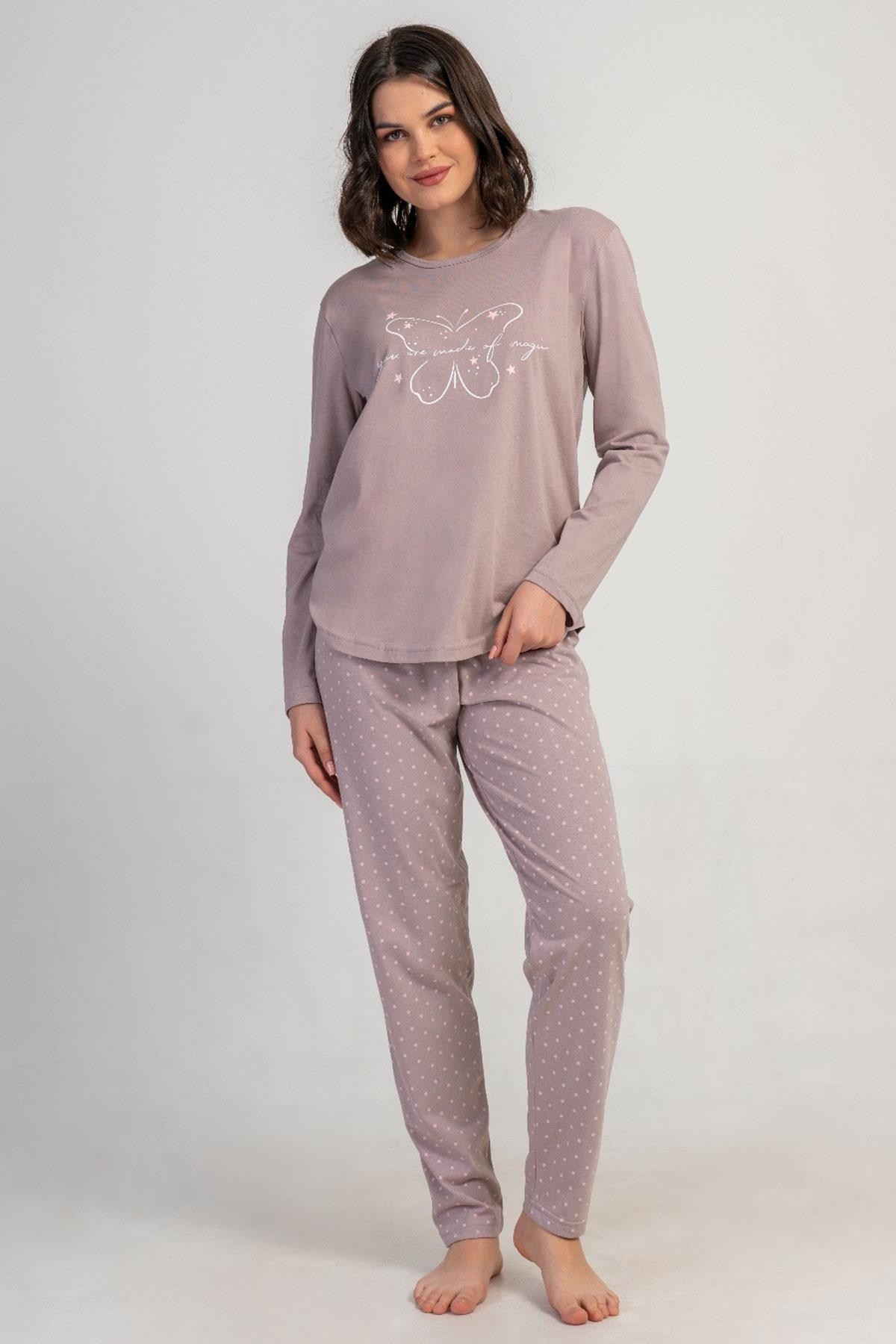 329472Kadın Açık Kahve Renk Uzun Kollu Bisiklet Yaka Baskılı Üst Puantiyeli Alt Pijama Takımı C9T0N0305Uzun Kol PijamaVienettaKadın Açık Kahve Renk Uzun Kollu Bisiklet Yaka Baskılı Üst Puantiyeli Alt Pijama Takımı C9T0N0305