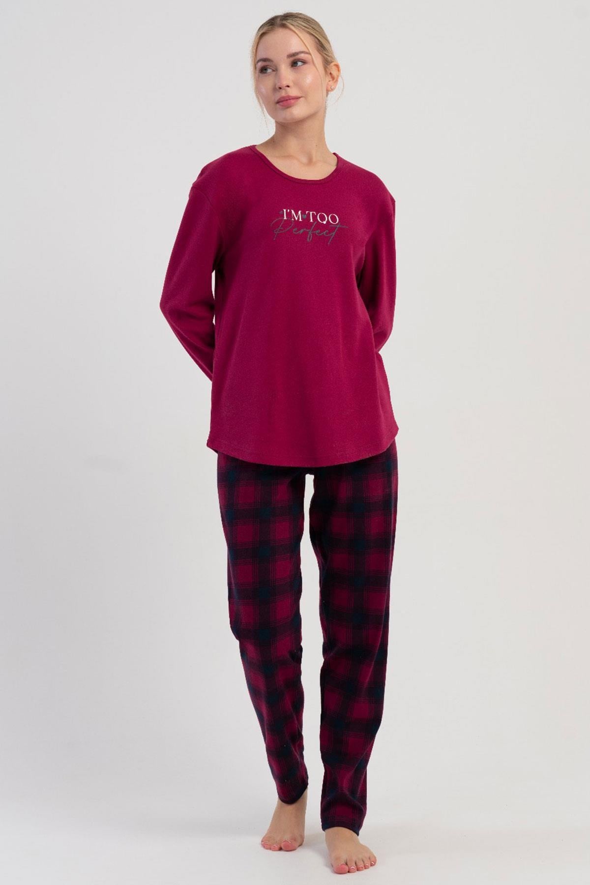 329495Kadın Bordo Uzun Kollu Üst Baskılı Alt Ekose Desenli Pamuklu Pijama Takımı C6T3N1305Uzun Kol PijamaVienettaKadın Bordo Uzun Kollu Üst Baskılı Alt Ekose Desenli Pamuklu Pijama Takımı C6T3N1305