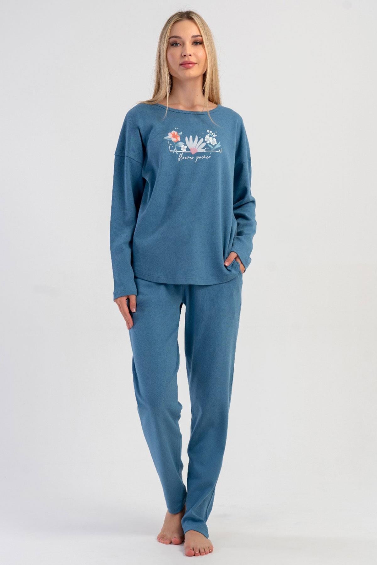 329485Kadın Mavi Renk Uzun Kollu Çiçek Desenli İnterlok Pijama Takımı C2T6N0305Uzun Kol PijamaVienettaKadın Mavi Renk Uzun Kollu Çiçek Desenli İnterlok Pijama Takımı C2T6N0305