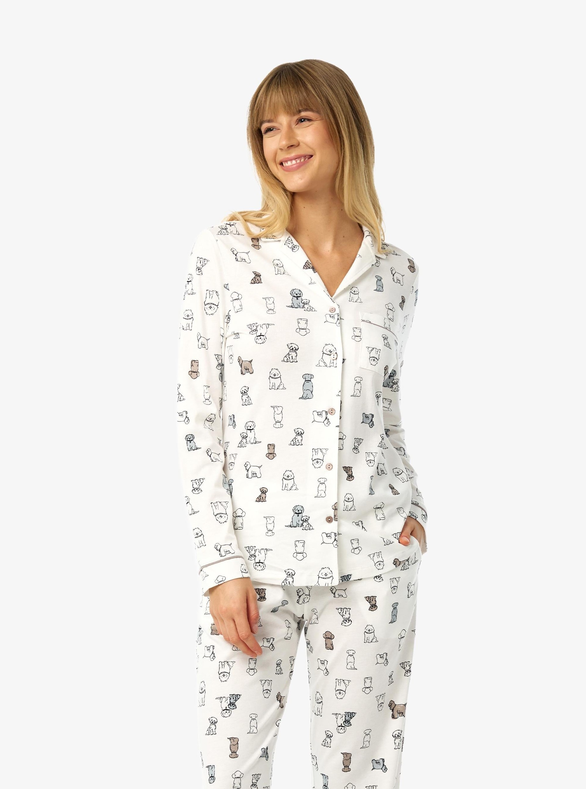 334058Kadın Uzun Kollu Önden Düğmeli Köpek Desenli Krem Pijama Takımı C4T6N225Uzun Kol PijamaBlackspadeKadın Uzun Kollu Önden Düğmeli Köpek Desenli Krem Pijama Takımı C4T6N225