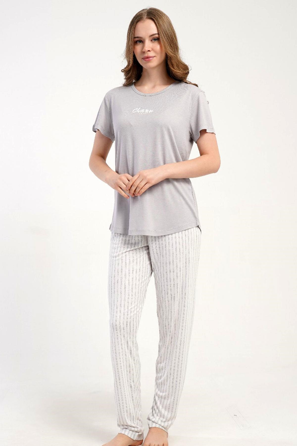 332527Kadın Kısa Kollu Gri Pijama Takımı Rahat Kesim Yazlık Ev Giyimi C1T2N2215Kısa Kol / Askılı PijamakezokinoKadın Kısa Kollu Gri Pijama Takımı Rahat Kesim Yazlık Ev Giyimi C1T2N2215