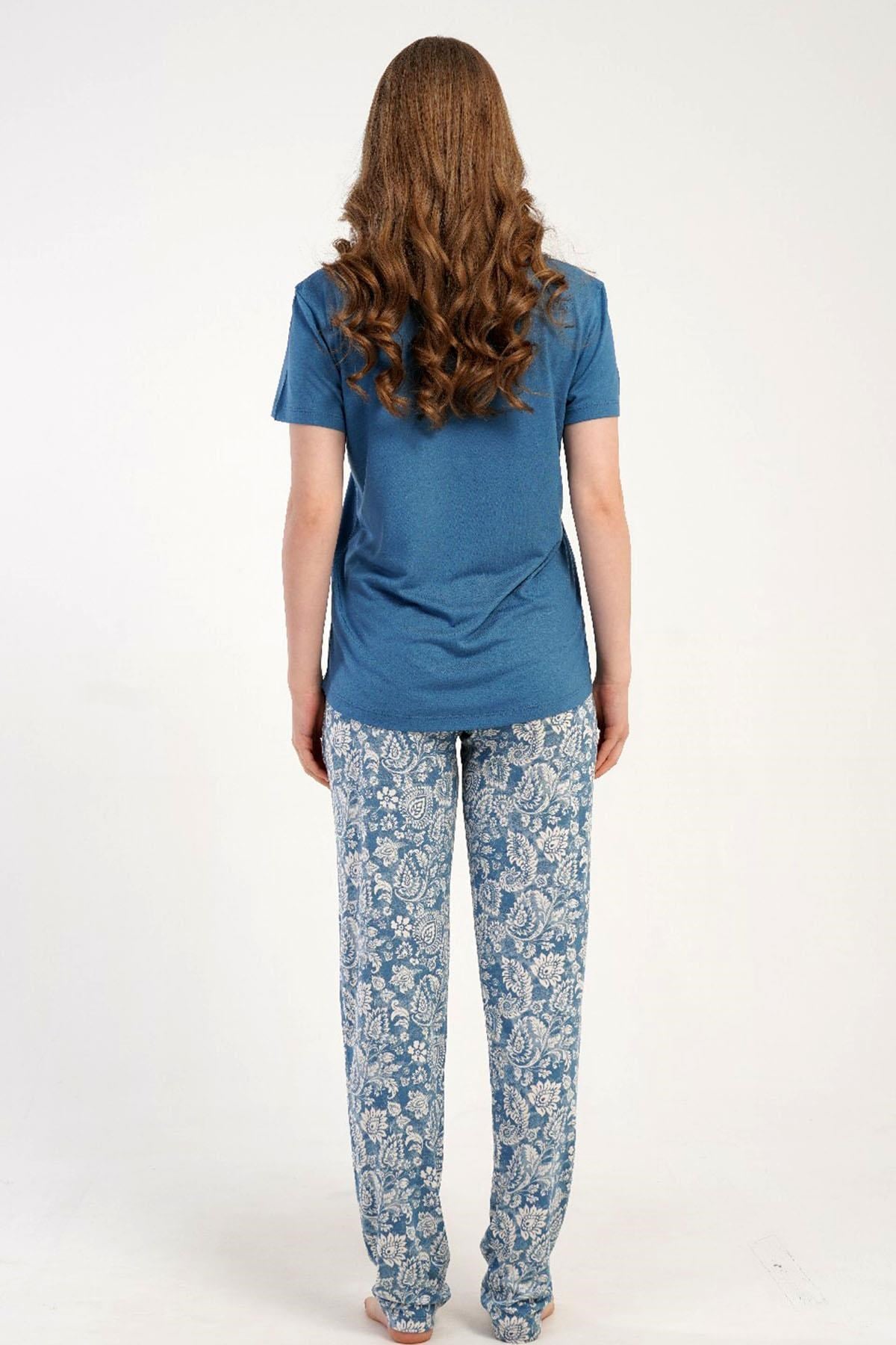 332546Kadın Kısa Kollu Yarım Düğmeli Mavi Pijama Takımı Rahat Kesim Yazlık Ev Giyimi C6T7N2215Kısa Kol / Askılı PijamakezokinoKadın Kısa Kollu Yarım Düğmeli Mavi Pijama Takımı Rahat Kesim Yazlık Ev Giyimi C6T7N2215
