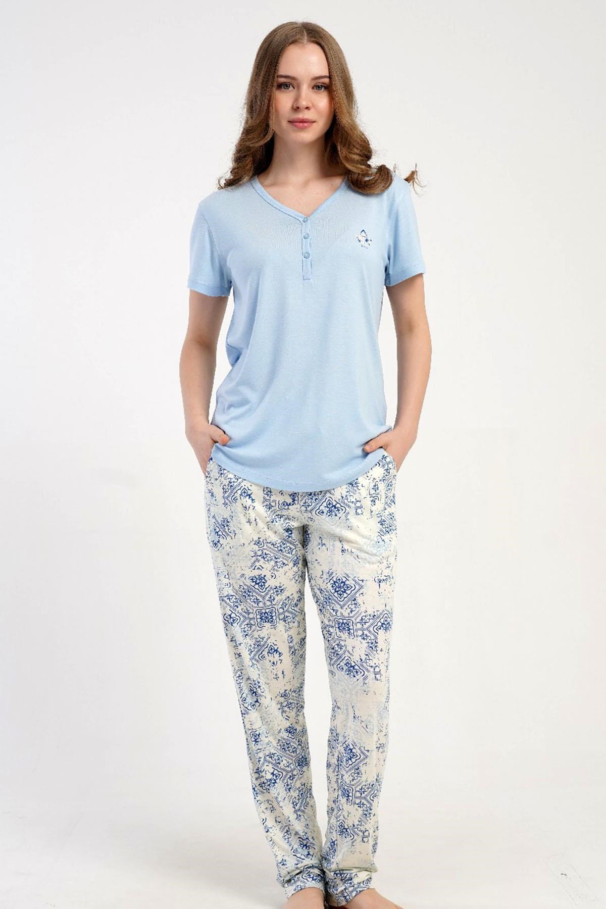 332518Kadın Kısa Kollu Yarım Düğmeli Mavi Pijama Takımı Yazlık Ev Giyimi C2T0N2215Kısa Kol / Askılı PijamakezokinoKadın Kısa Kollu Yarım Düğmeli Mavi Pijama Takımı Yazlık Ev Giyimi C2T0N2215