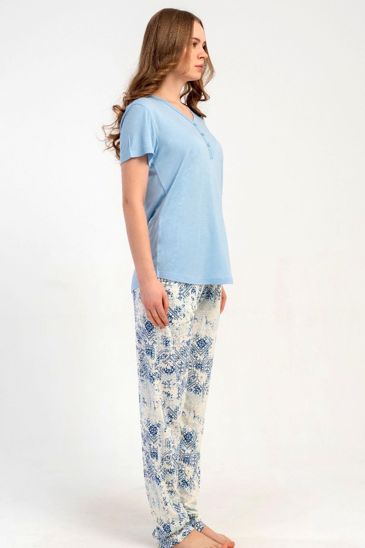 332518Kadın Kısa Kollu Yarım Düğmeli Mavi Pijama Takımı Yazlık Ev Giyimi C2T0N2215Kısa Kol / Askılı PijamakezokinoKadın Kısa Kollu Yarım Düğmeli Mavi Pijama Takımı Yazlık Ev Giyimi C2T0N2215