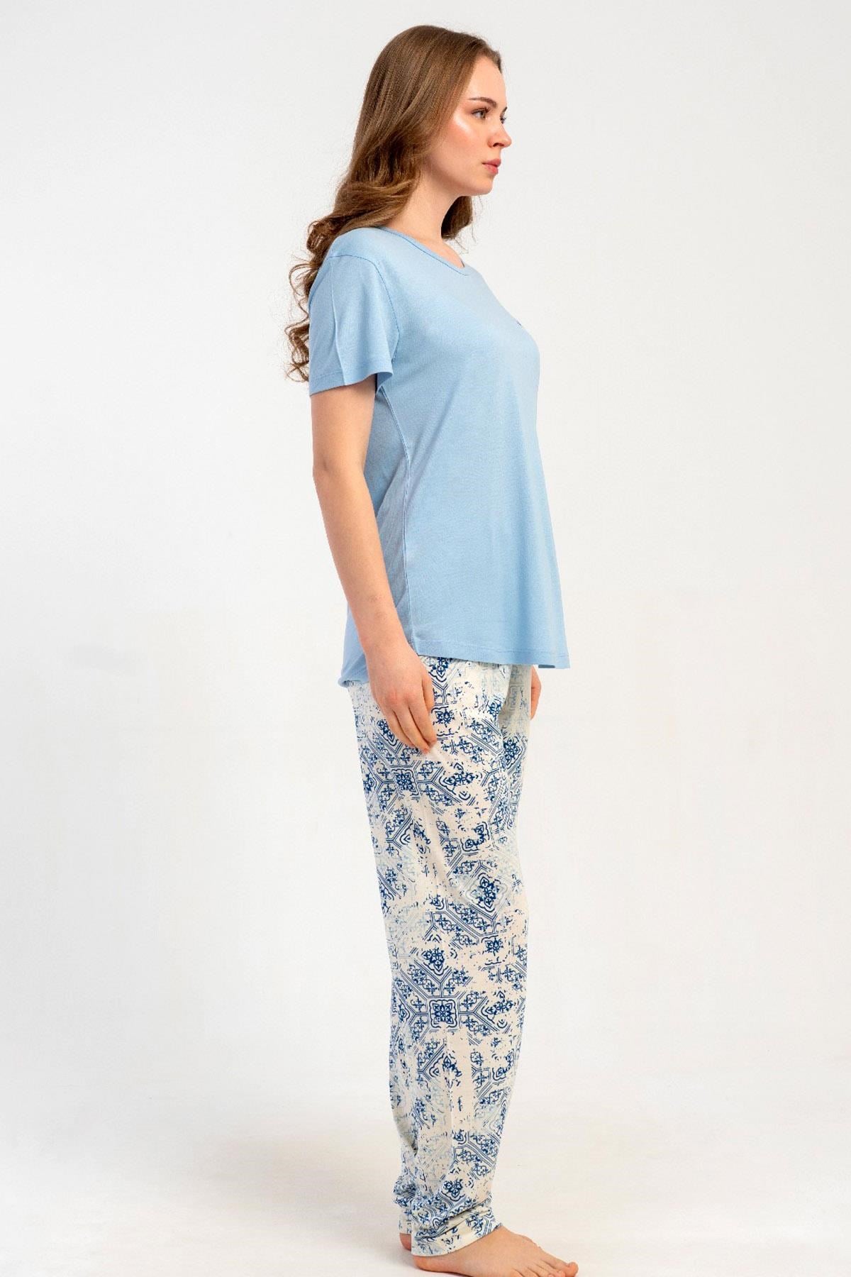 332517Kadın Kısa Kollu Mavi Pijama Takımı Rahat Kesim Yazlık Ev Giyimi C1T0N2215Kısa Kol / Askılı PijamakezokinoKadın Kısa Kollu Mavi Pijama Takımı Rahat Kesim Yazlık Ev Giyimi C1T0N2215
