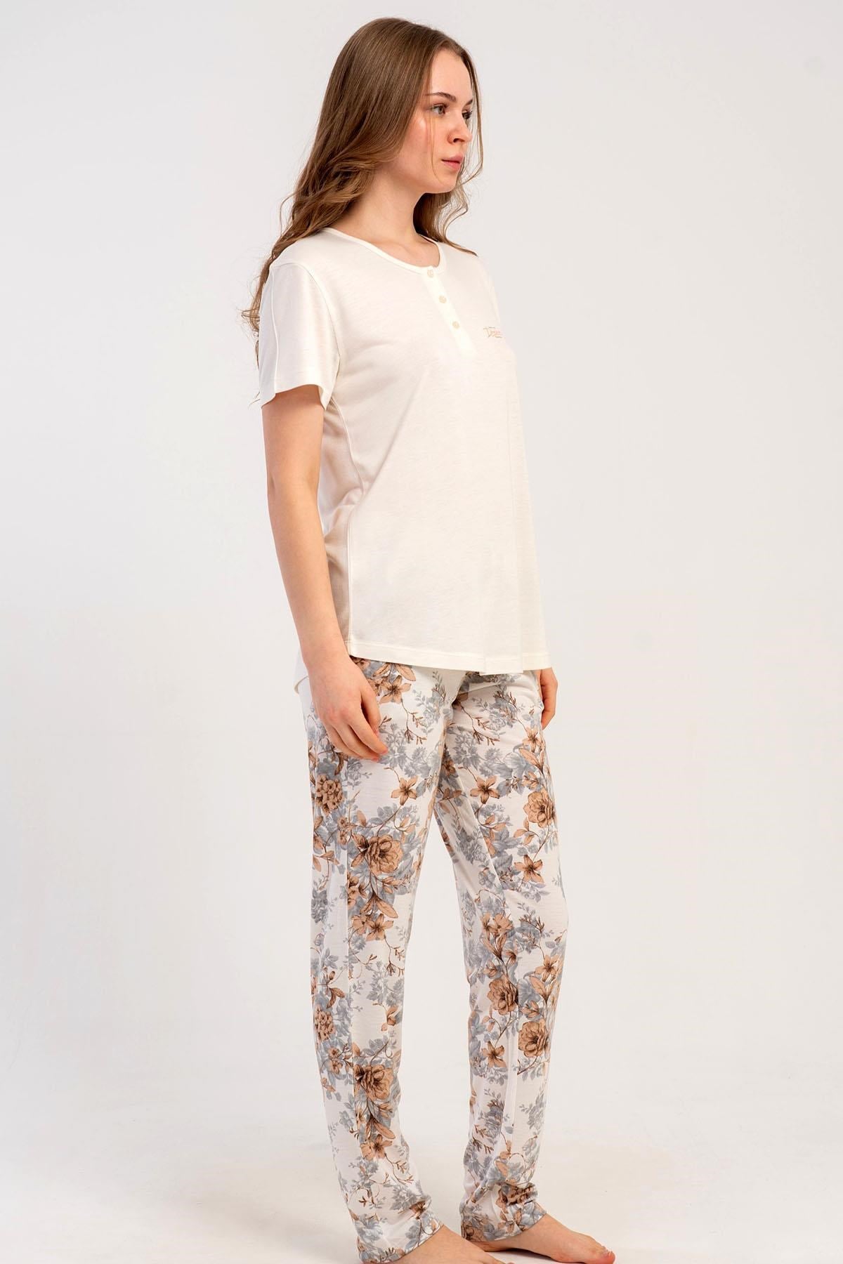 333177Kadın Kısa Kol Yarım Düğmeli Ekru Pijama Takımı C0T9N1215Kısa Kol / Askılı PijamakezokinoKadın Kısa Kol Yarım Düğmeli Ekru Pijama Takımı C0T9N1215