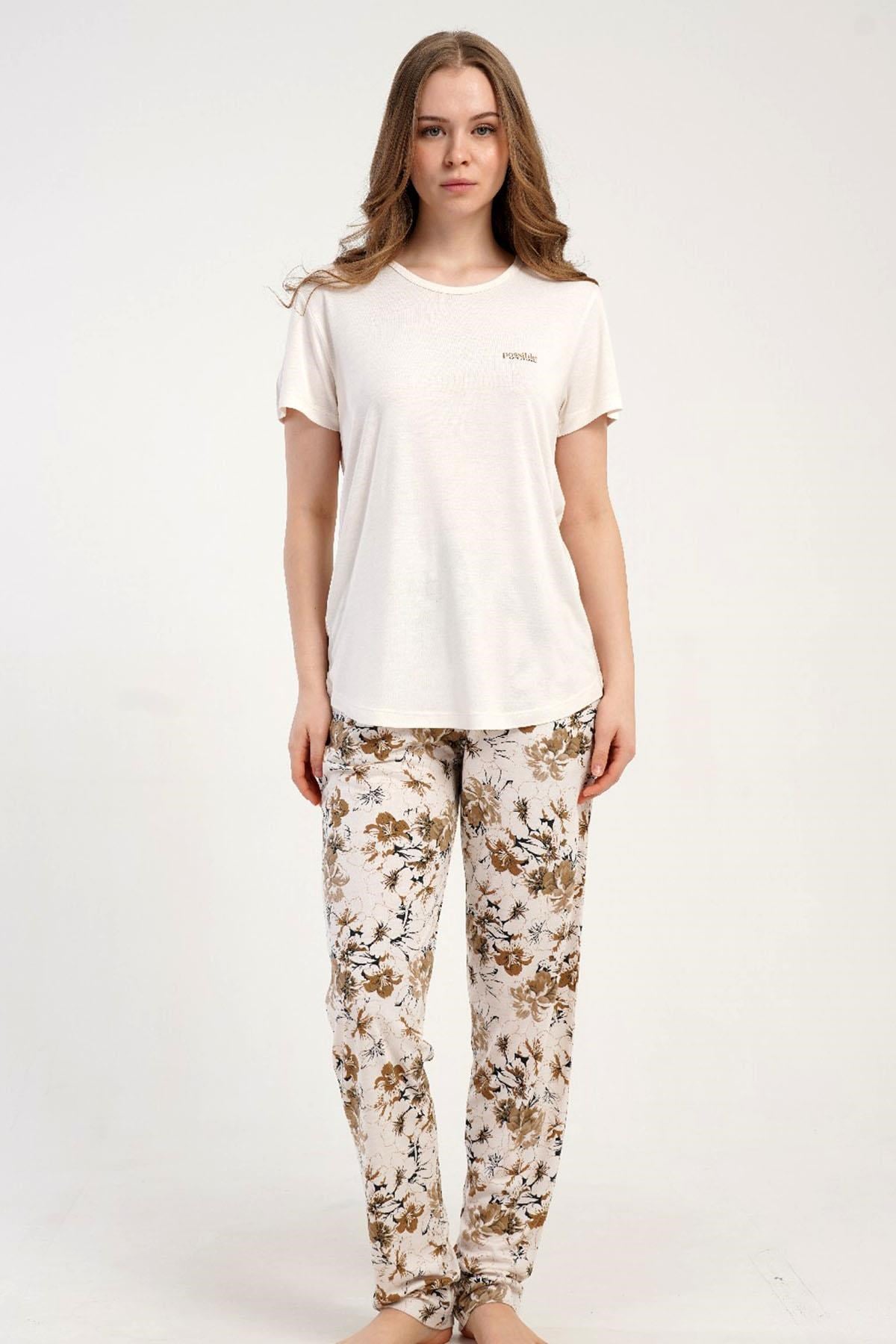 333178Kadın Kısa Kol Ekru Pijama Takımı C0T8N2215Kısa Kol / Askılı PijamakezokinoKadın Kısa Kol Ekru Pijama Takımı C0T8N2215