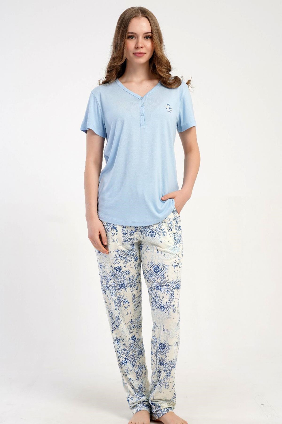 332518Kadın Kısa Kollu Yarım Düğmeli Mavi Pijama Takımı Yazlık Ev Giyimi C2T0N2215Kısa Kol / Askılı PijamakezokinoKadın Kısa Kollu Yarım Düğmeli Mavi Pijama Takımı Yazlık Ev Giyimi C2T0N2215