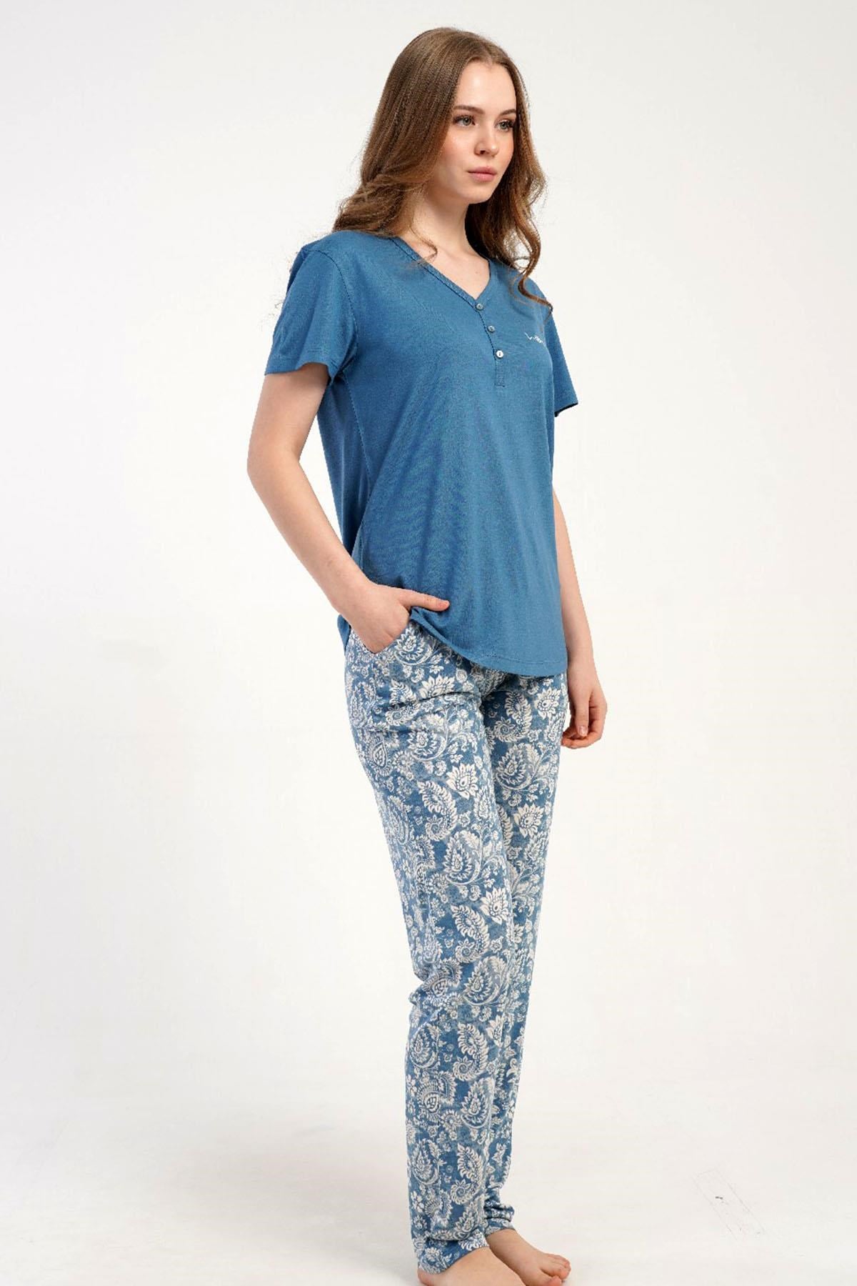 332546Kadın Kısa Kollu Yarım Düğmeli Mavi Pijama Takımı Rahat Kesim Yazlık Ev Giyimi C6T7N2215Kısa Kol / Askılı PijamakezokinoKadın Kısa Kollu Yarım Düğmeli Mavi Pijama Takımı Rahat Kesim Yazlık Ev Giyimi C6T7N2215