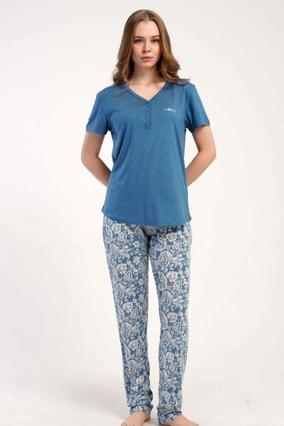 332546Kadın Kısa Kollu Yarım Düğmeli Mavi Pijama Takımı Rahat Kesim Yazlık Ev Giyimi C6T7N2215Kısa Kol / Askılı PijamakezokinoKadın Kısa Kollu Yarım Düğmeli Mavi Pijama Takımı Rahat Kesim Yazlık Ev Giyimi C6T7N2215