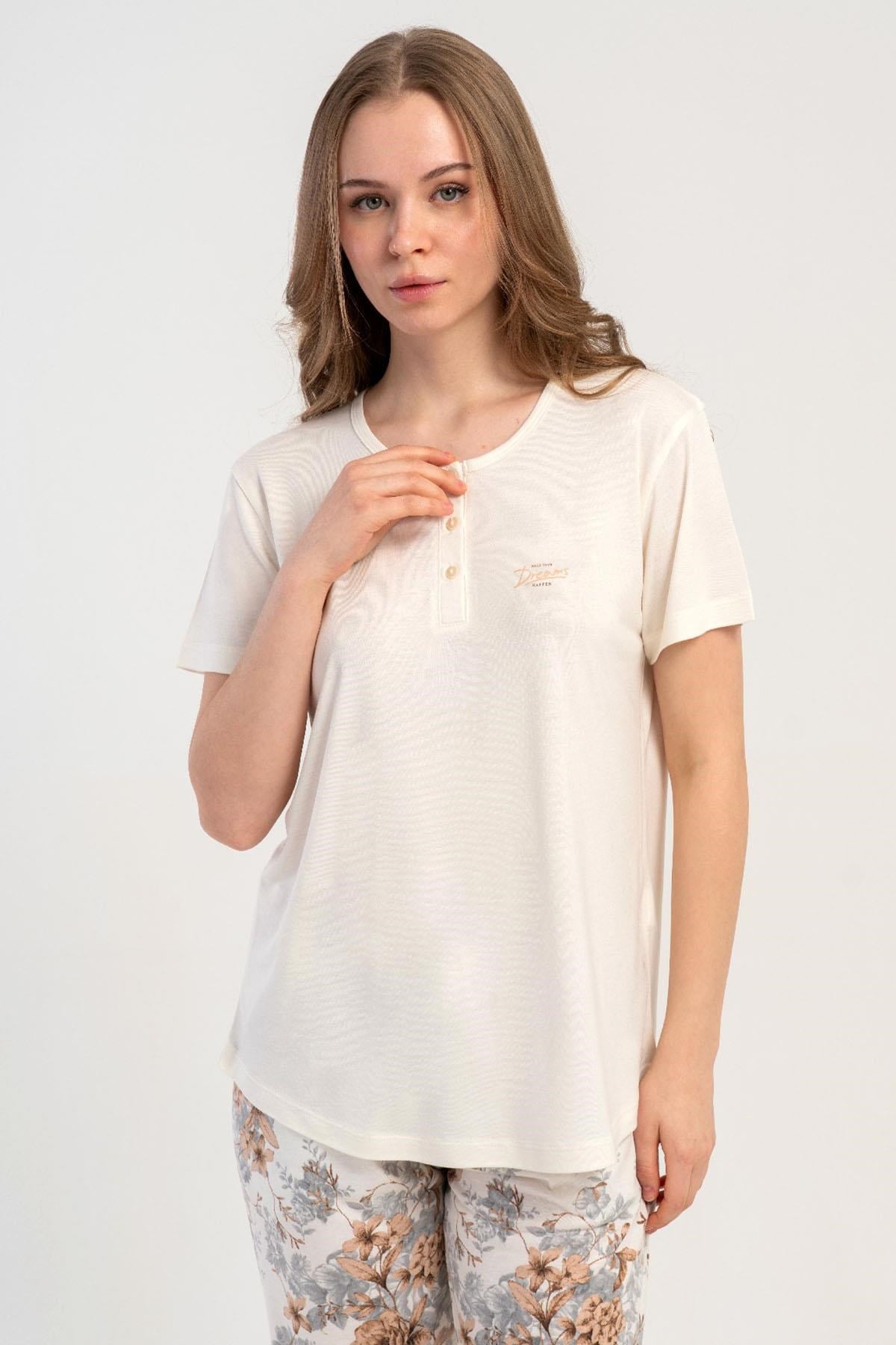 333177Kadın Kısa Kol Yarım Düğmeli Ekru Pijama Takımı C0T9N1215Kısa Kol / Askılı PijamakezokinoKadın Kısa Kol Yarım Düğmeli Ekru Pijama Takımı C0T9N1215