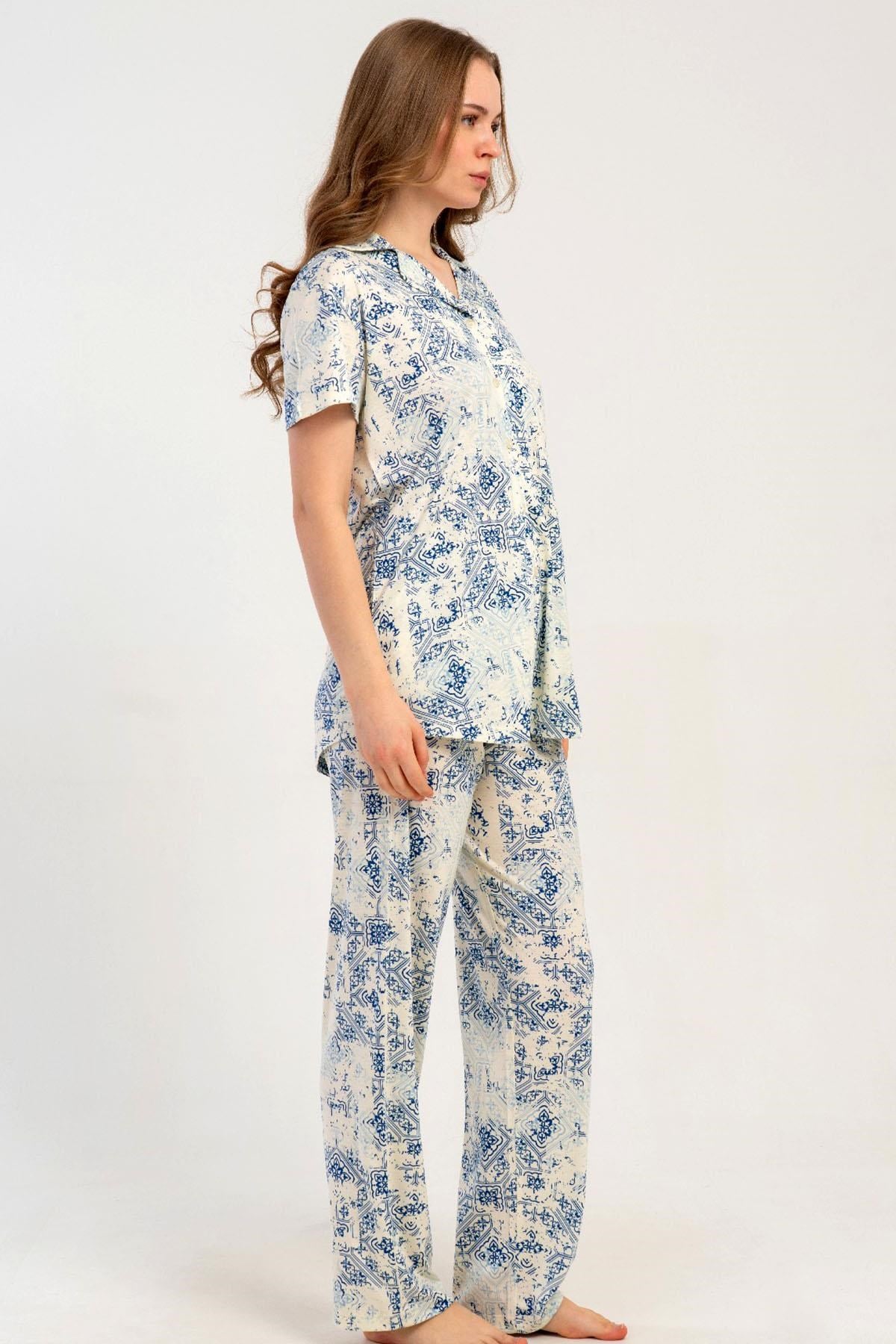 333185Kadın Önden Düğmeli Kısa Kol Desenli Mavi Pijama Takımı C0T0N2215Kısa Kol / Askılı PijamakezokinoKadın Önden Düğmeli Kısa Kol Desenli Mavi Pijama Takımı C0T0N2215