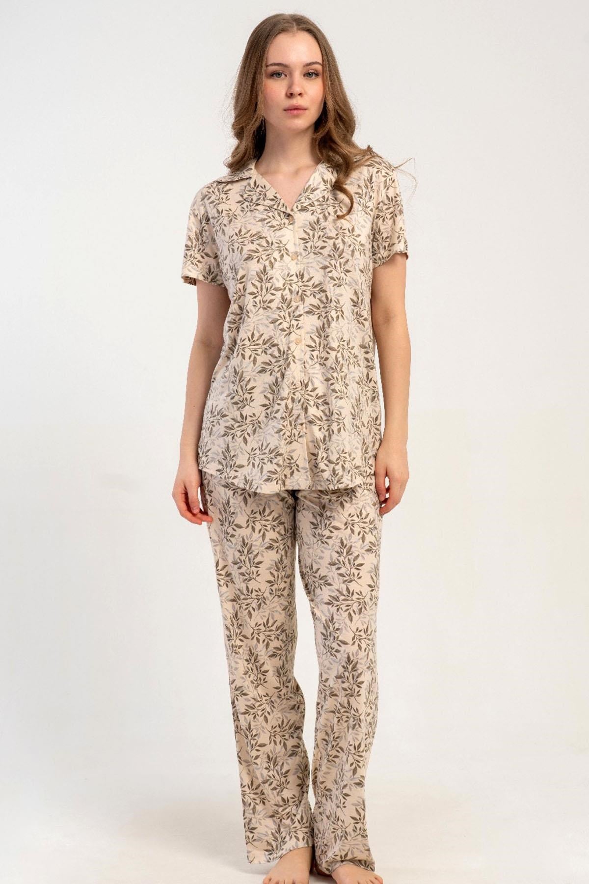 333189Kadın Önden Düğmeli Kısa Kol Ekru Pijama Takımı C8T0N2215Kısa Kol / Askılı PijamakezokinoKadın Önden Düğmeli Kısa Kol Ekru Pijama Takımı C8T0N2215