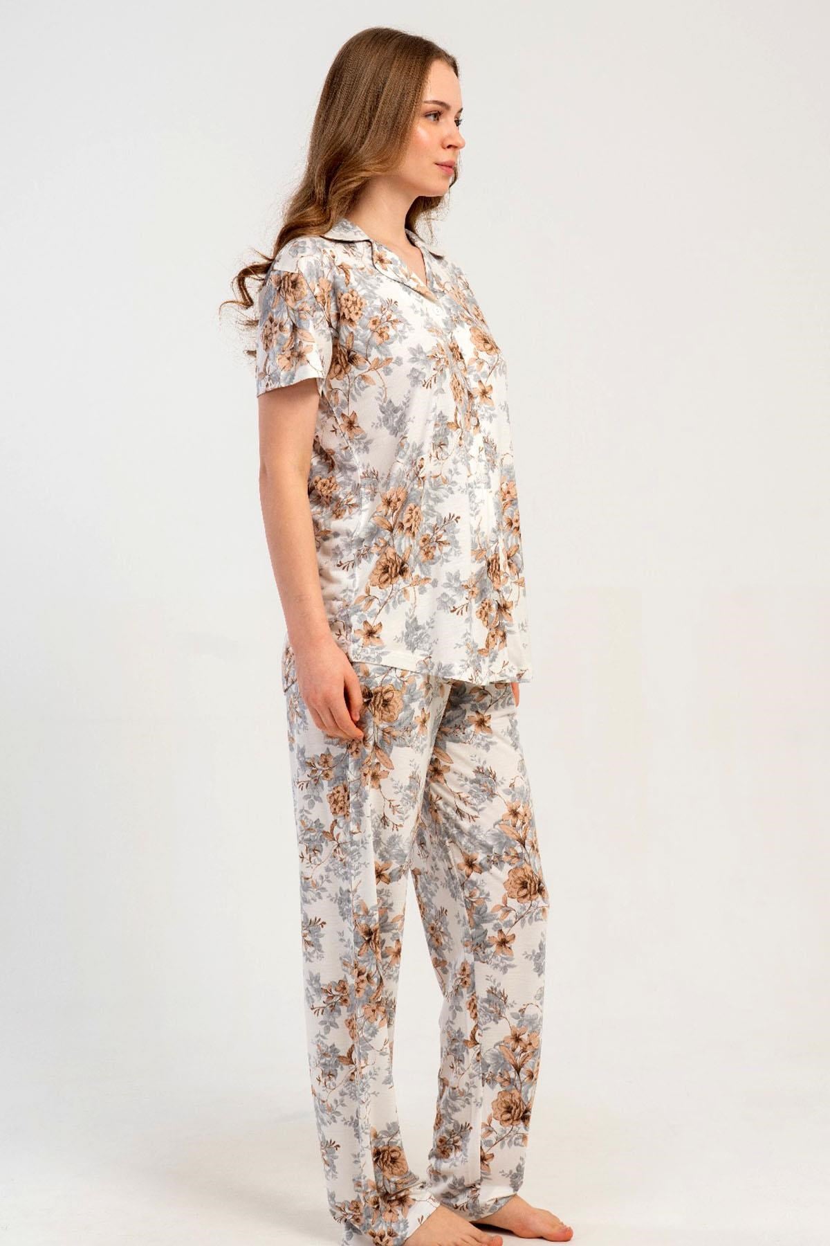 333188Kadın Önden Düğmeli Kısa Kol Ekru Pijama Takımı C8T8N1215Kısa Kol / Askılı PijamakezokinoKadın Önden Düğmeli Kısa Kol Ekru Pijama Takımı C8T8N1215