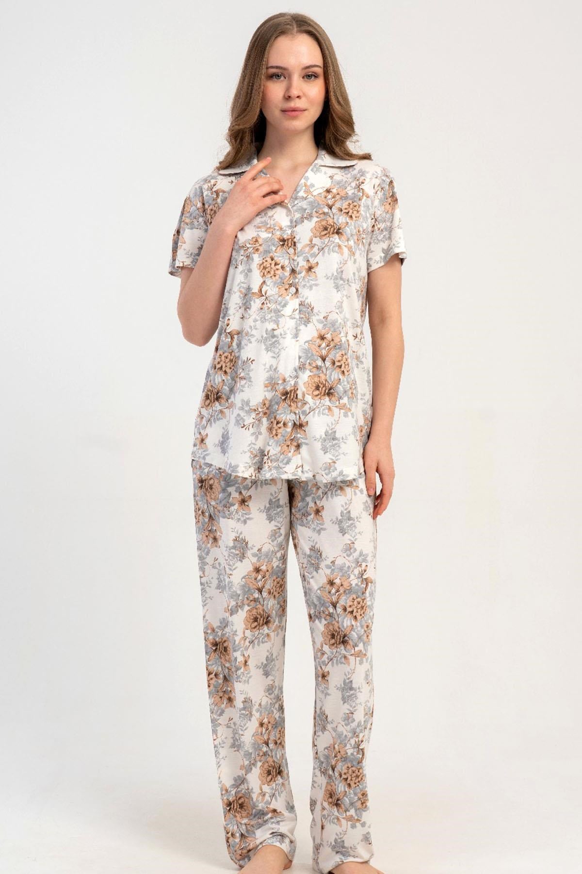333188Kadın Önden Düğmeli Kısa Kol Ekru Pijama Takımı C8T8N1215Kısa Kol / Askılı PijamakezokinoKadın Önden Düğmeli Kısa Kol Ekru Pijama Takımı C8T8N1215