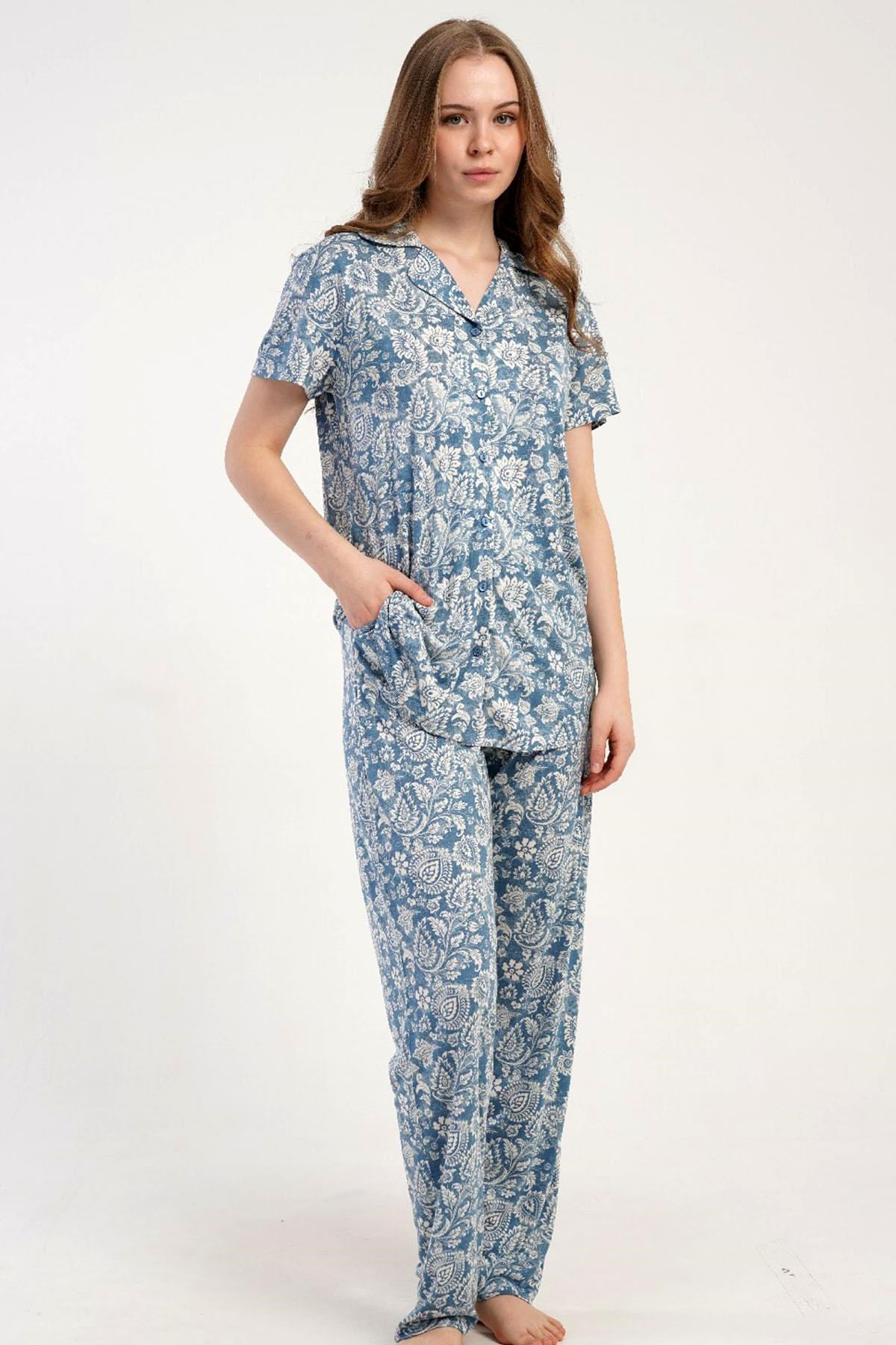 333183Kadın Önden Düğmeli Kısa Kol Mavi Pijama Takımı C4T7N2215Kısa Kol / Askılı PijamakezokinoKadın Önden Düğmeli Kısa Kol Mavi Pijama Takımı C4T7N2215