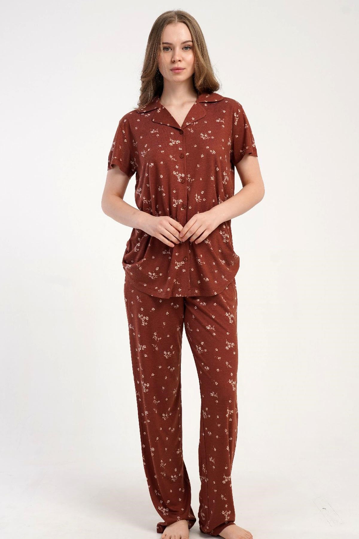 333180Kadın Önden Düğmeli Kısa Kol Kiremit Pijama Takımı C0T4N2215Kısa Kol / Askılı PijamakezokinoKadın Önden Düğmeli Kısa Kol Kiremit Pijama Takımı C0T4N2215