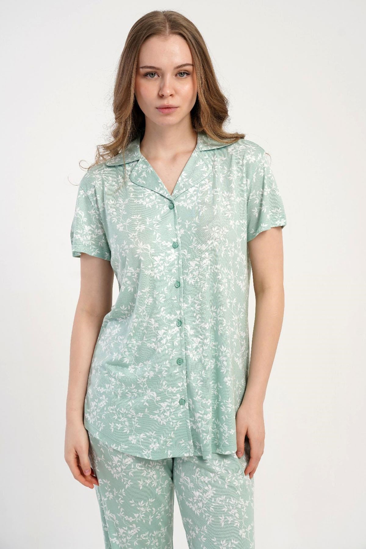 333175Kadın Önden Düğmeli Kısa Kol Yeşil Pijama Takımı C6T1N2215Kısa Kol / Askılı PijamakezokinoKadın Önden Düğmeli Kısa Kol Yeşil Pijama Takımı C6T1N2215