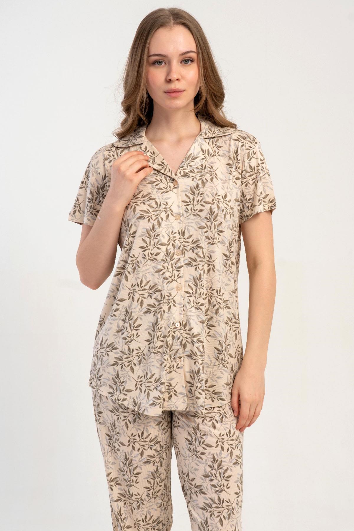 333189Kadın Önden Düğmeli Kısa Kol Ekru Pijama Takımı C8T0N2215Kısa Kol / Askılı PijamakezokinoKadın Önden Düğmeli Kısa Kol Ekru Pijama Takımı C8T0N2215