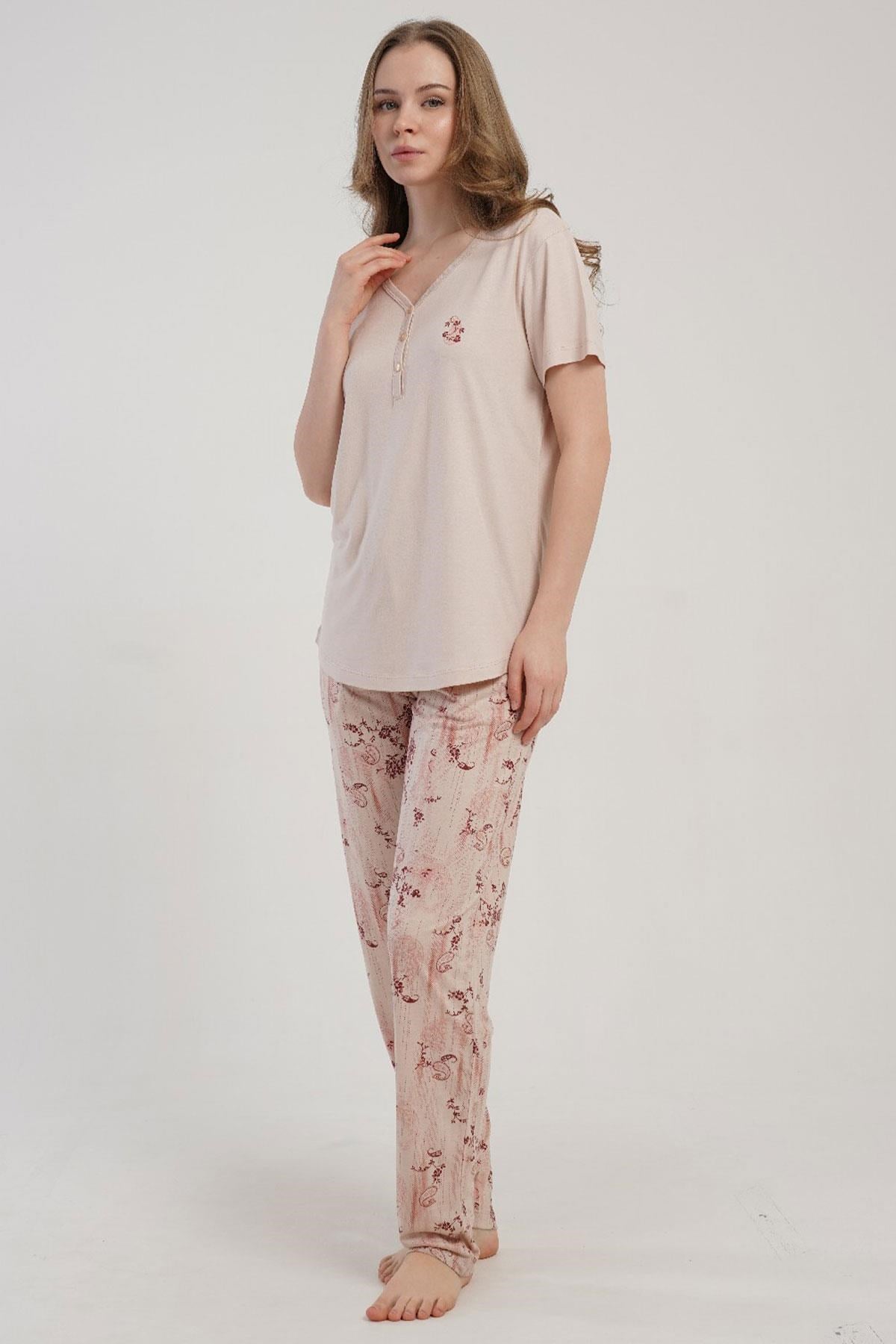333218Kadın Yarım Düğmeli Kısa Kollu Ekru Pijama Takımı C6T4N2215Kısa Kol / Askılı PijamakezokinoKadın Yarım Düğmeli Kısa Kollu Ekru Pijama Takımı C6T4N2215
