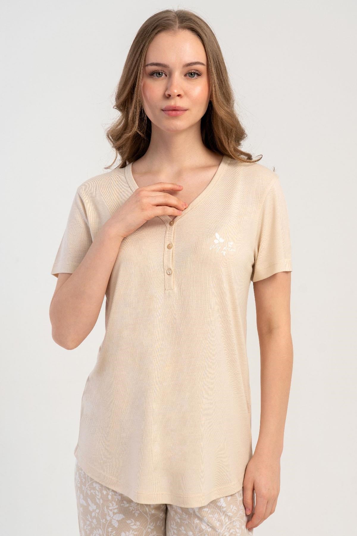 333215Kadın Yarım Düğmeli Kısa Kol Bej Pijama Takımı C2T8N1215Kısa Kol / Askılı PijamakezokinoKadın Yarım Düğmeli Kısa Kol Bej Pijama Takımı C2T8N1215