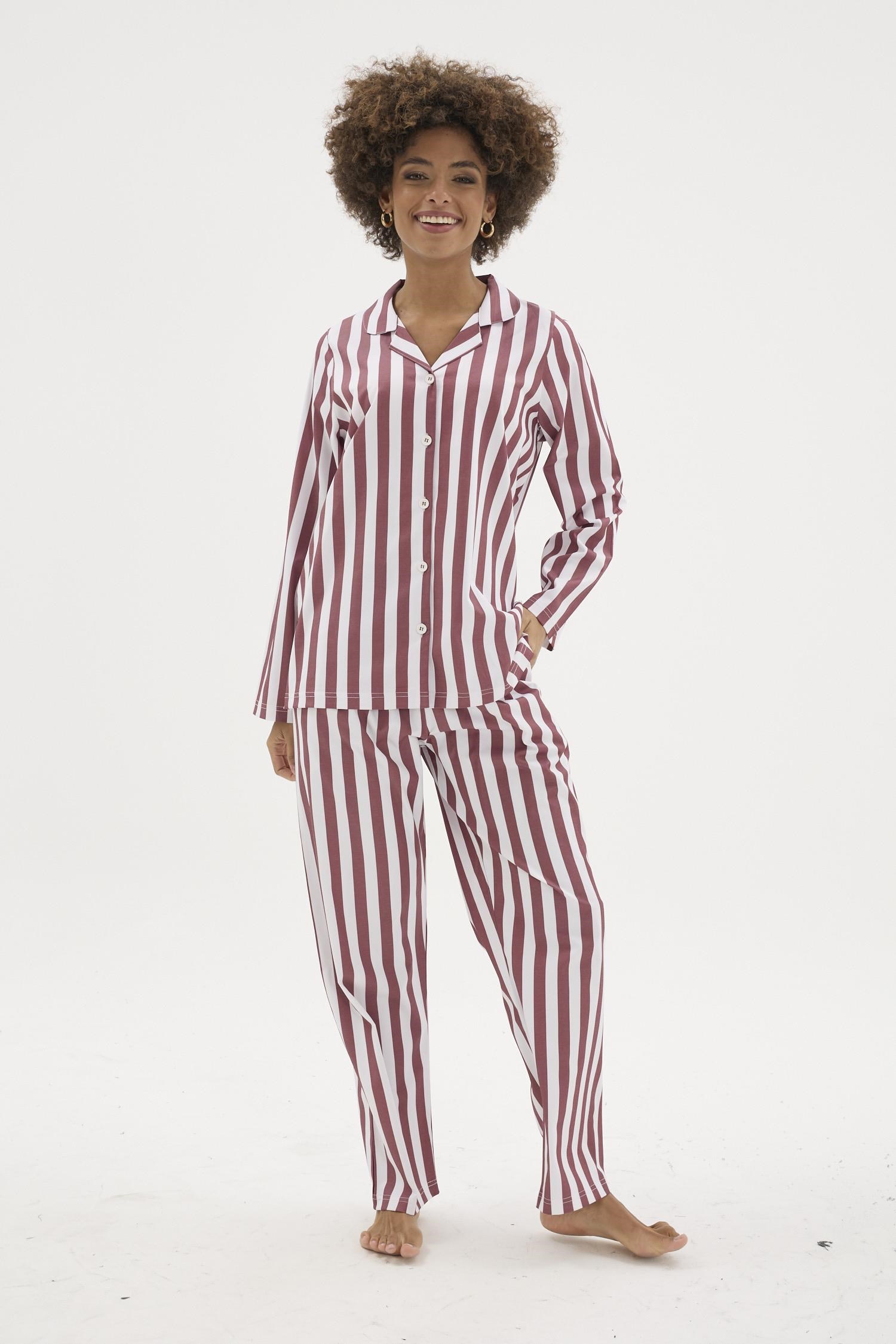 333300Kadın Bordo Önden Düğmeli Çizgili Gaffur Pijama Takımı C4T3N04Uzun Kol PijamaKLYKadın Bordo Önden Düğmeli Çizgili Gaffur Pijama Takımı C4T3N04