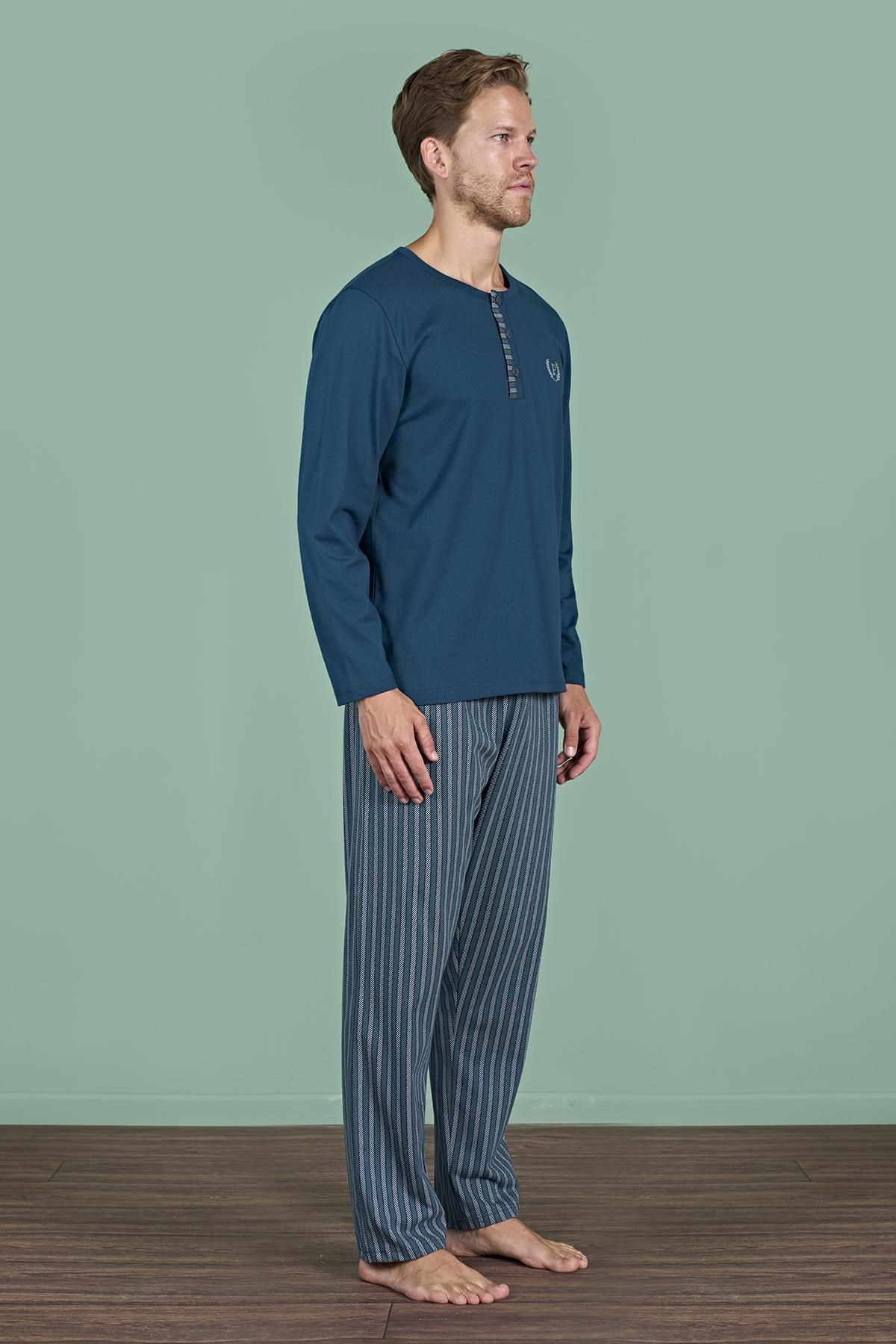 328899Erkek Petrol Renk Uzun Kollu Düğmeli Yaka Şerit Detaylı Alt Pijama Takımı C4T3N91Pijama TakımıPijadoreErkek Petrol Renk Uzun Kollu Düğmeli Yaka Şerit Detaylı Alt Pijama Takımı C4T3N91