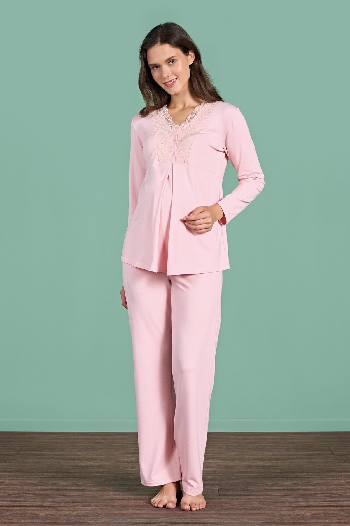 328911Kadın Pembe Renk Dantel Yaka Uzun Kollu Lohusa Pijama Takım C4T4N91Pijama TakımıPijadoreKadın Pembe Renk Dantel Yaka Uzun Kollu Lohusa Pijama Takım C4T4N91