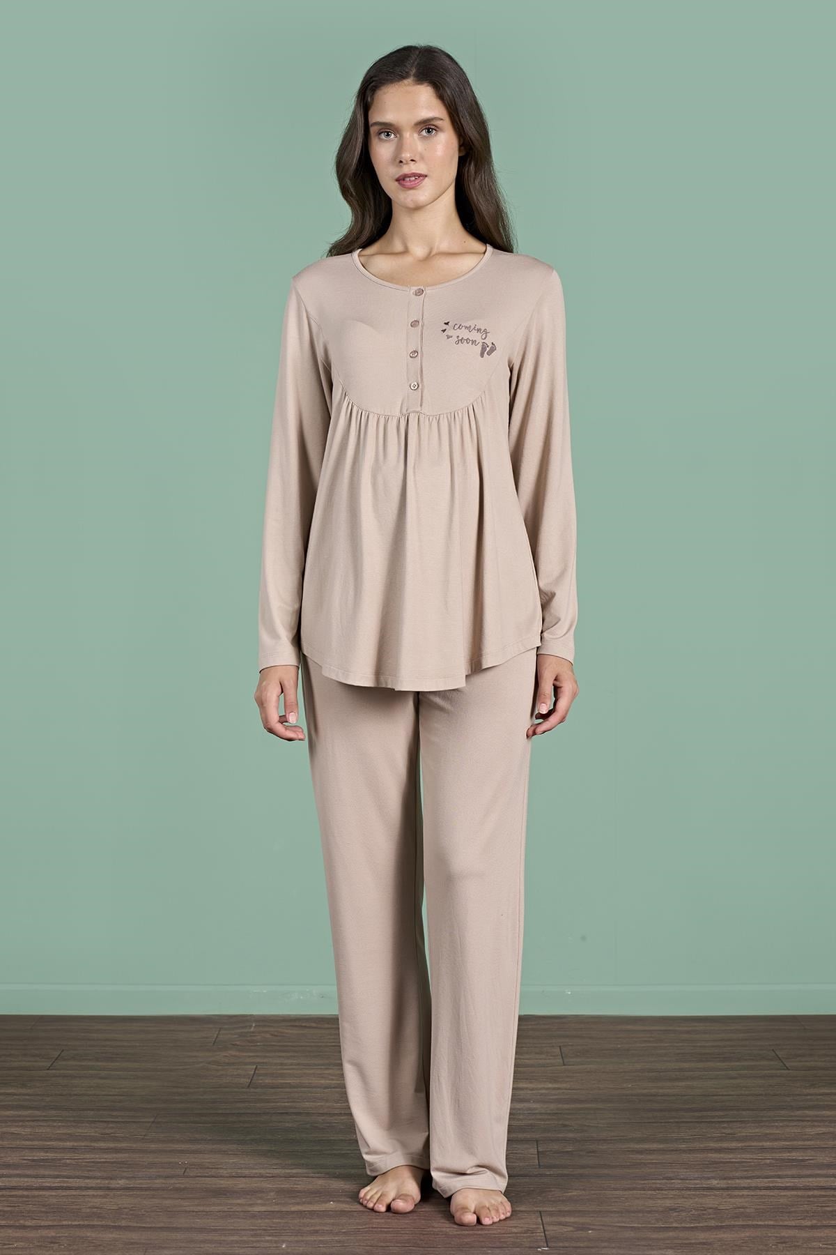 328913Kadın Vizon Renk Uzun Kollu Yarım Düğmeli Lohusa Pijama Takımı C5T4N91Pijama TakımıPijadoreKadın Vizon Renk Uzun Kollu Yarım Düğmeli Lohusa Pijama Takımı C5T4N91