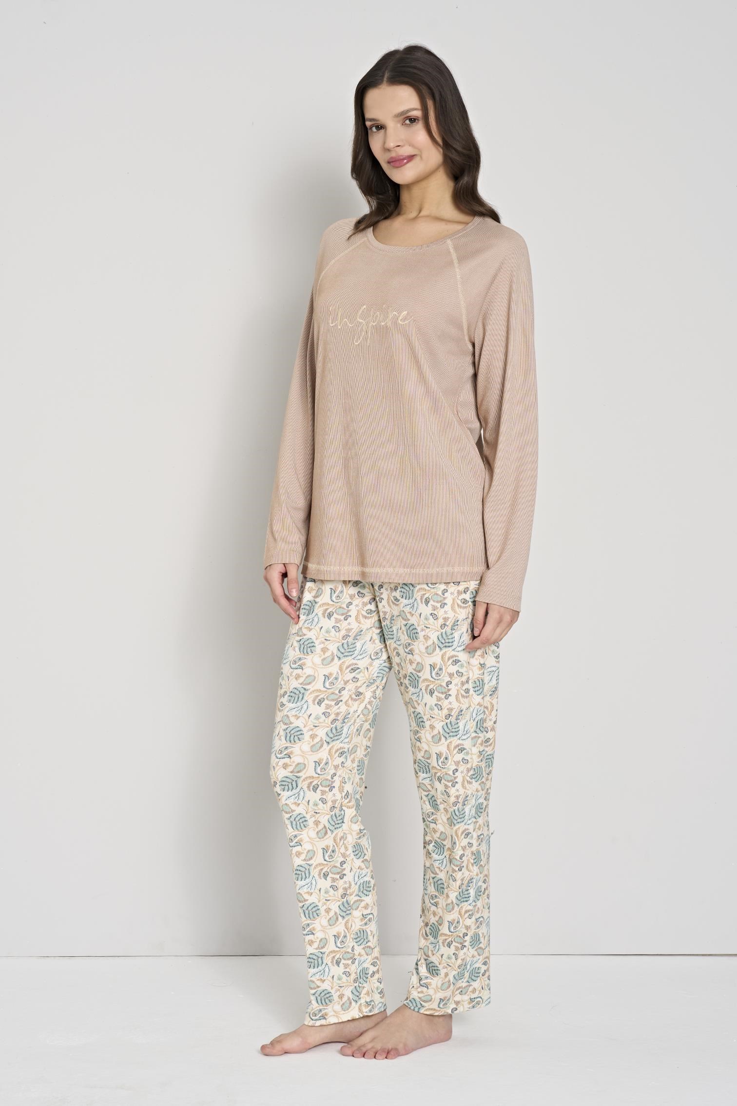 328872Kadın Kahverengi Uzun Kol Baskılı Pijama Takımı C2T0N91Uzun Kol PijamaPijadoreKadın Kahverengi Uzun Kol Baskılı Pijama Takımı C2T0N91