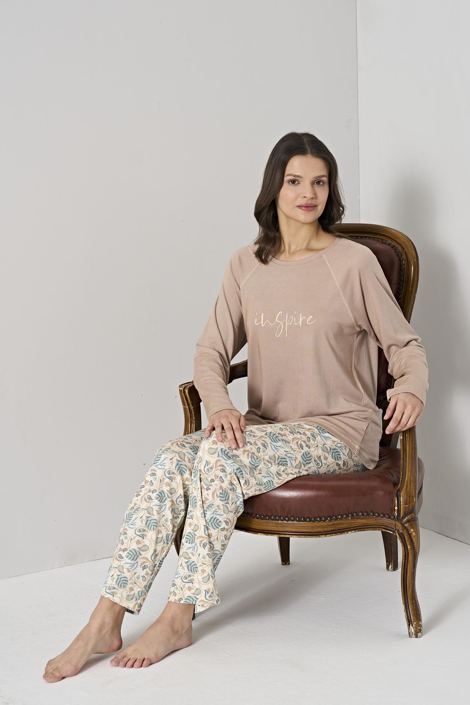 328872Kadın Kahverengi Uzun Kol Baskılı Pijama Takımı C2T0N91Uzun Kol PijamaPijadoreKadın Kahverengi Uzun Kol Baskılı Pijama Takımı C2T0N91