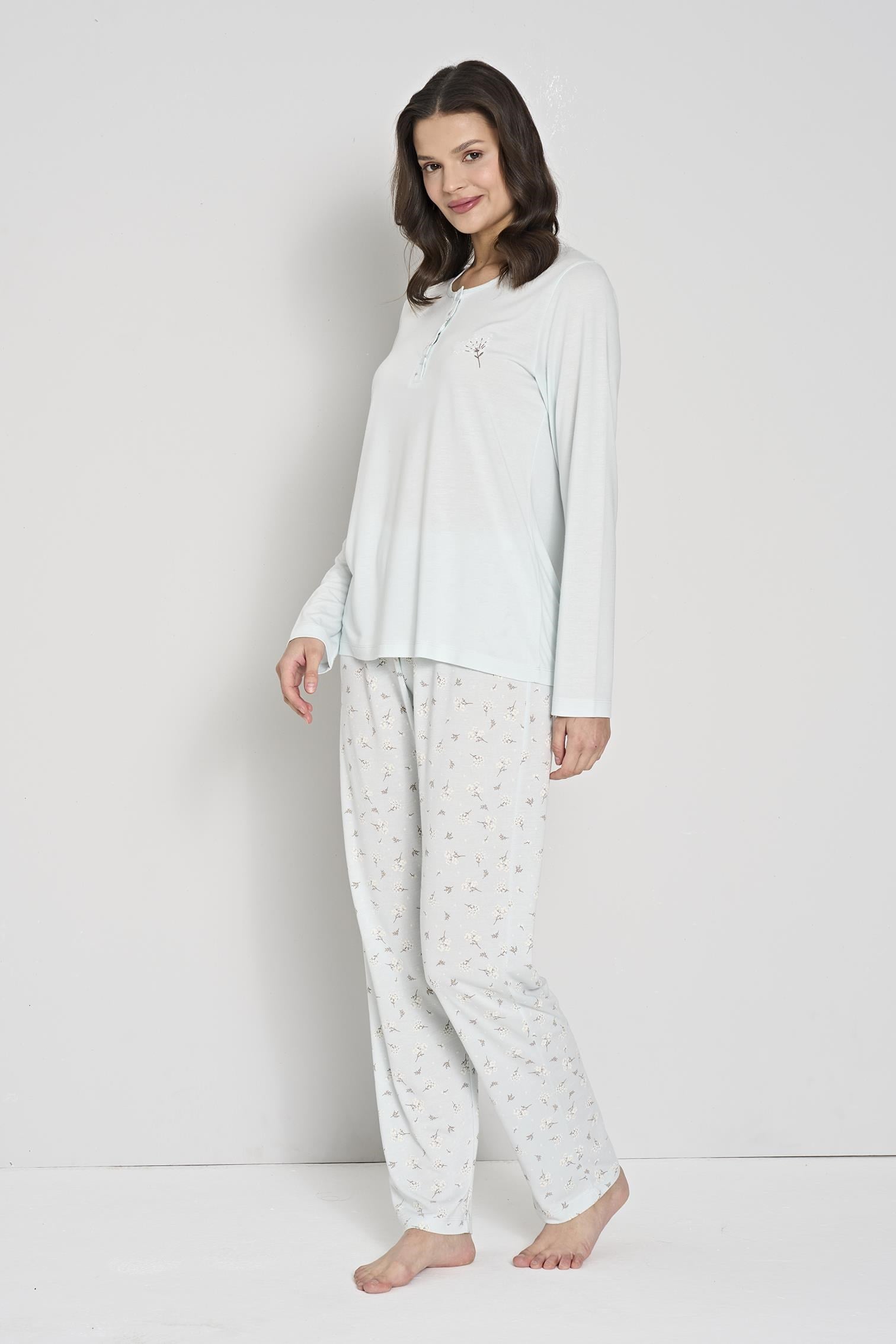 328887Kadın Mint Renk Pamuk Desenli Düğmeli Pijama Takımı C6T1N91Uzun Kol PijamaPijadoreKadın Mint Renk Pamuk Desenli Düğmeli Pijama Takımı C6T1N91