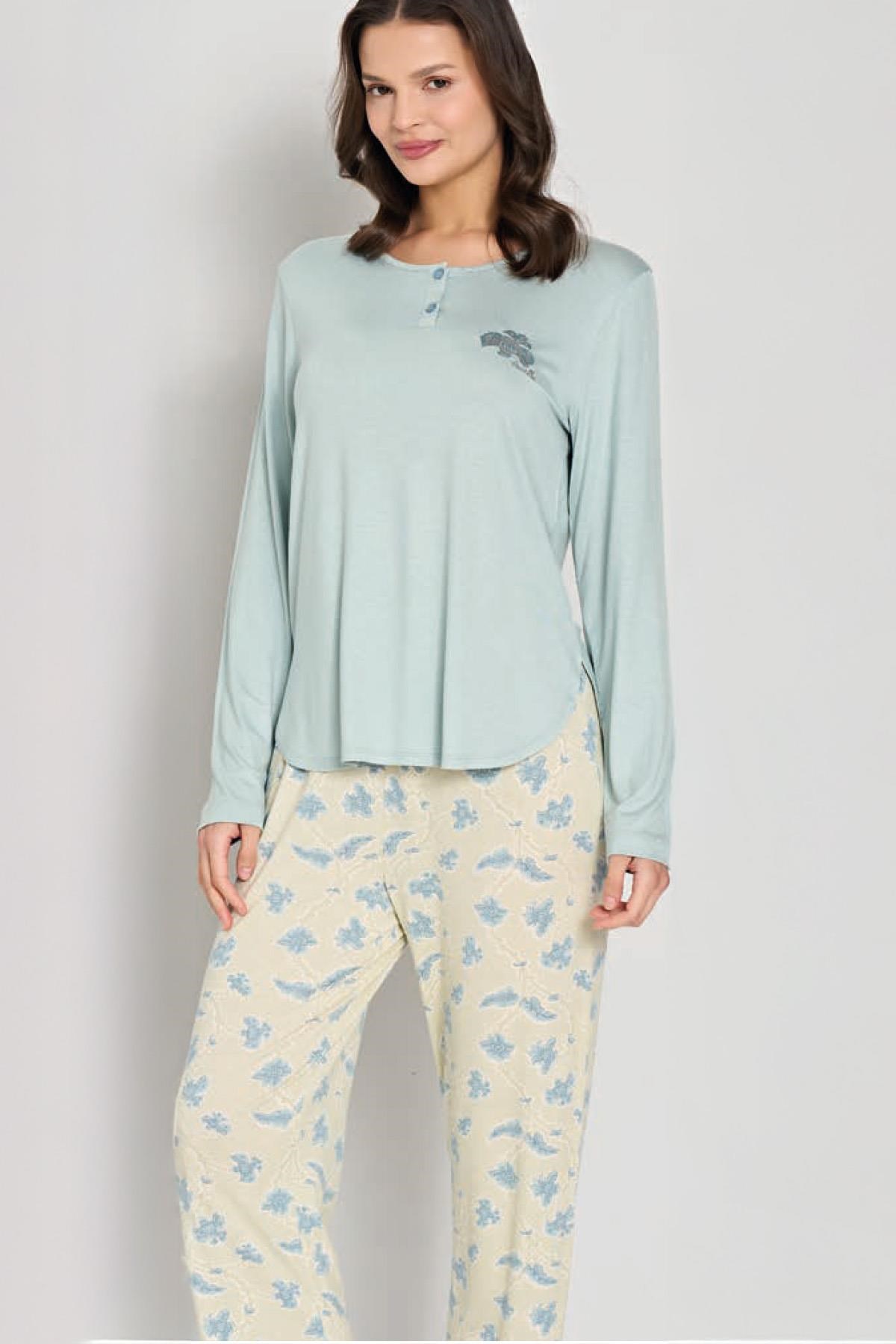 329833Kadın Uzun Kollu Düğmeli Yaka Mavi Pijama Takımı C8T0N91Uzun Kol PijamaPijadoreKadın Uzun Kollu Düğmeli Yaka Mavi Pijama Takımı C8T0N91